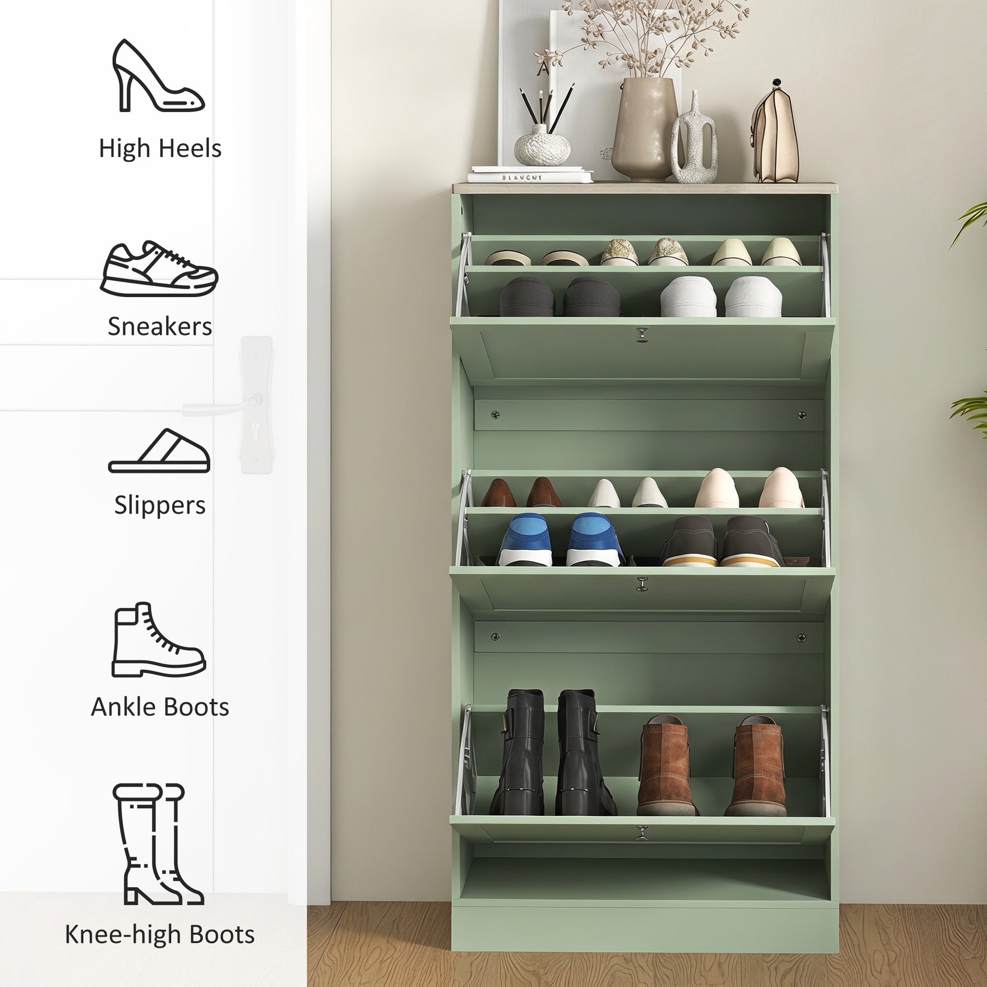HOMCOM Modern Shoe Storage Cabinet with 3 Flip Drawers and Adjustable Shelves for 12-18 Pairs of Shoes, Green