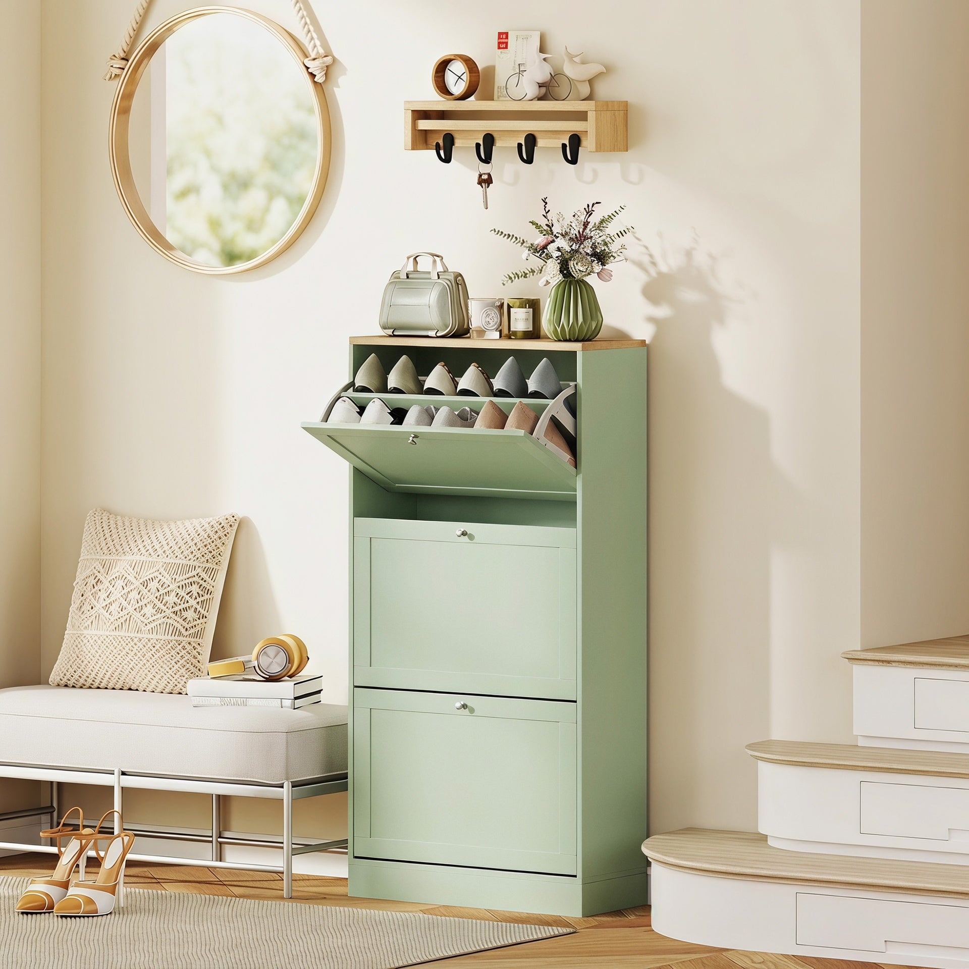 HOMCOM Modern Shoe Storage Cabinet with 3 Flip Drawers and Adjustable Shelves for 12-18 Pairs of Shoes, Green