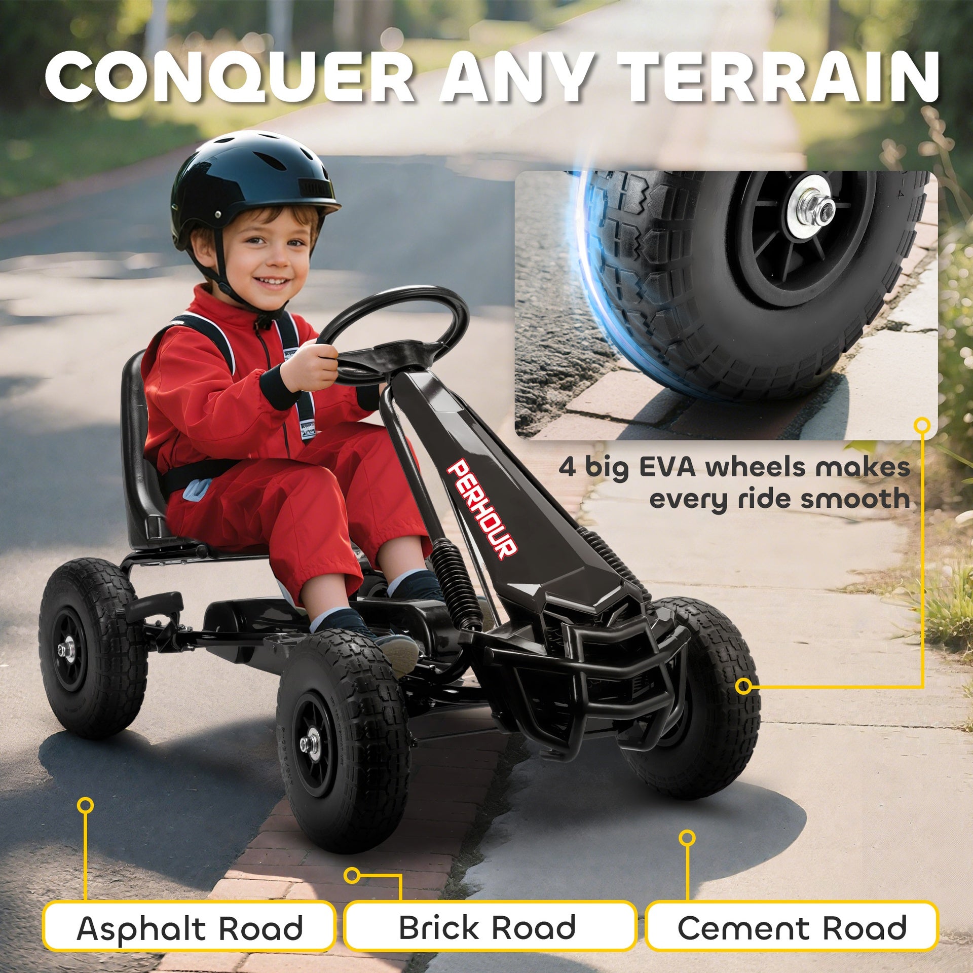 Qaba Kids Go Kart, Pedal Car with Adjustable Seat, EVA Wheels, Brake, for Boys & Girls Aged 3-8 Years Old, Black