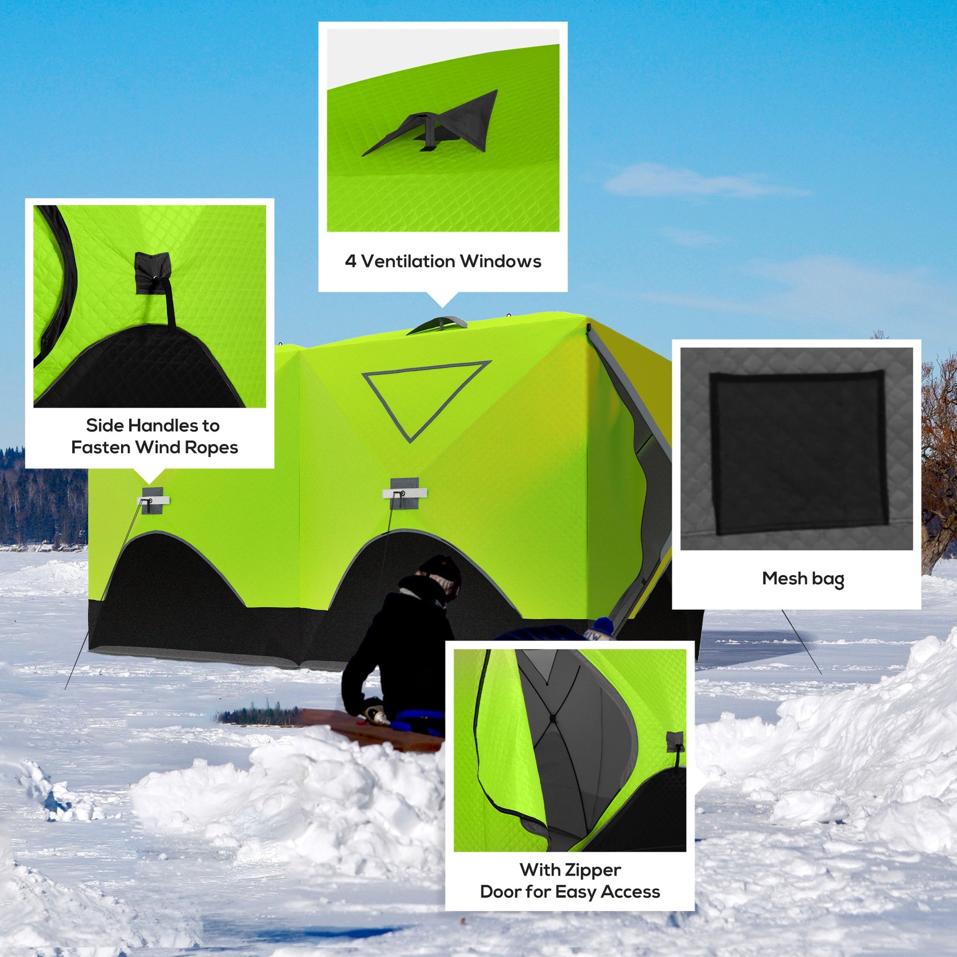Outsunny 8 Person Ice Fishing Shelter, Pop-Up Ice Shanty Tent, Insulated Portable Tent with 2 Doors & Carrying Bag, Bright Green