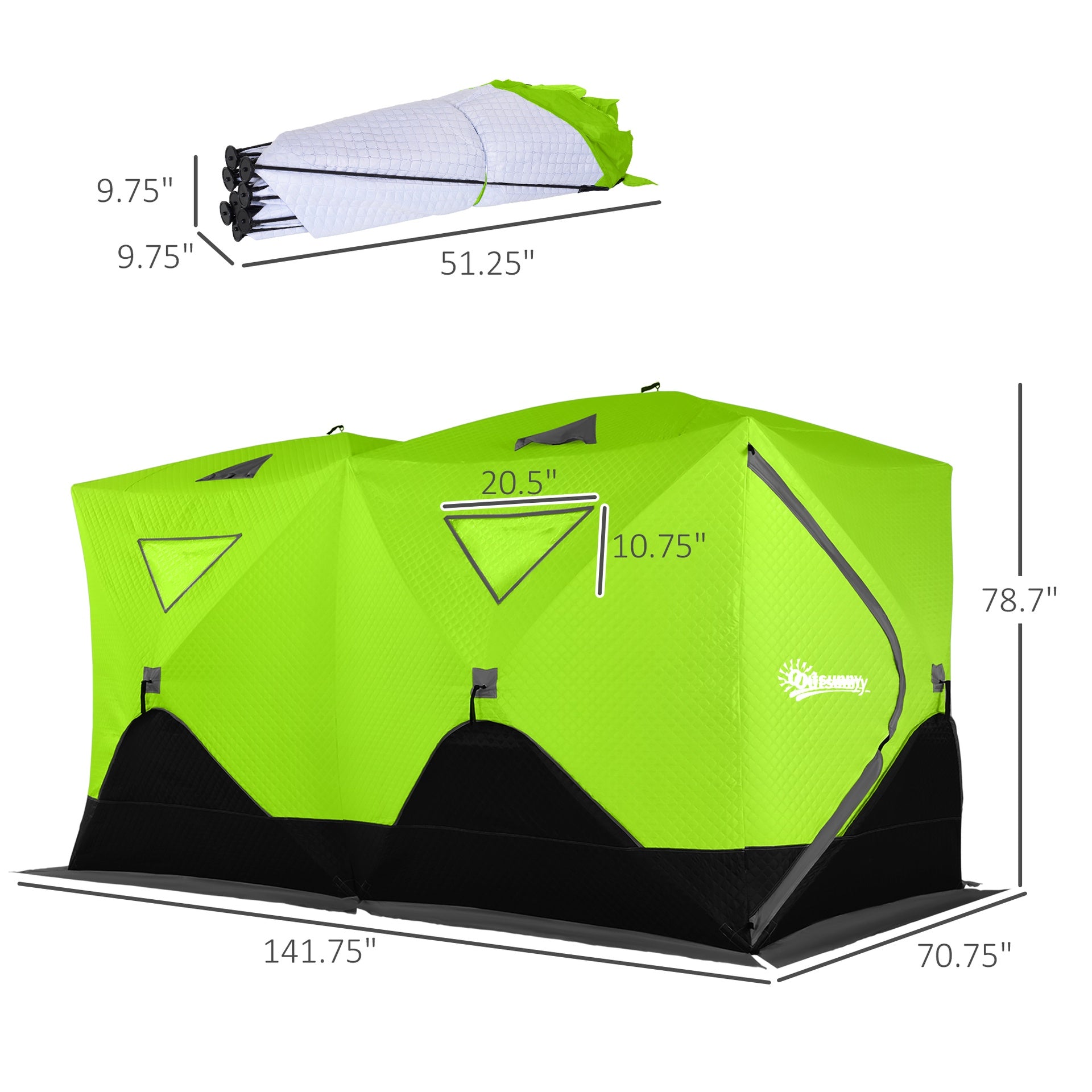 Outsunny 8 Person Ice Fishing Shelter, Pop-Up Ice Shanty Tent, Insulated Portable Tent with 2 Doors & Carrying Bag, Bright Green