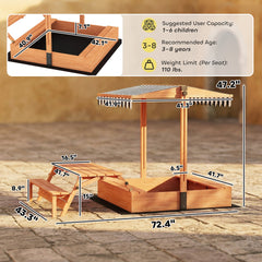 Qaba Kids Sandbox with Lid, Wooden Sand Pit with Canopy, Foldable Picnic Table, Bench Seats, Bottom Liner, Cover, Brown