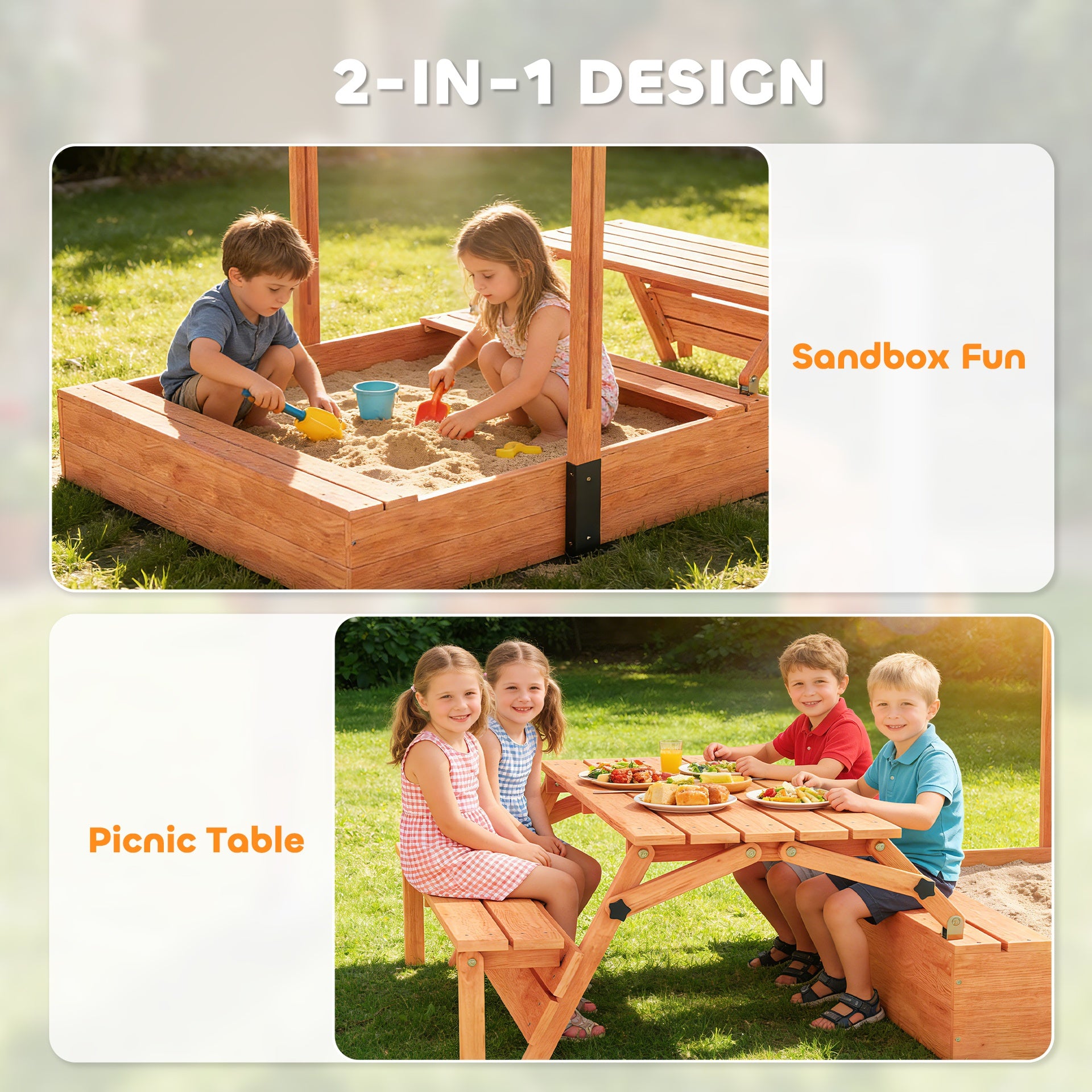 Qaba Kids Sandbox with Lid, Wooden Sand Pit with Canopy, Foldable Picnic Table, Bench Seats, Bottom Liner, Cover, Brown