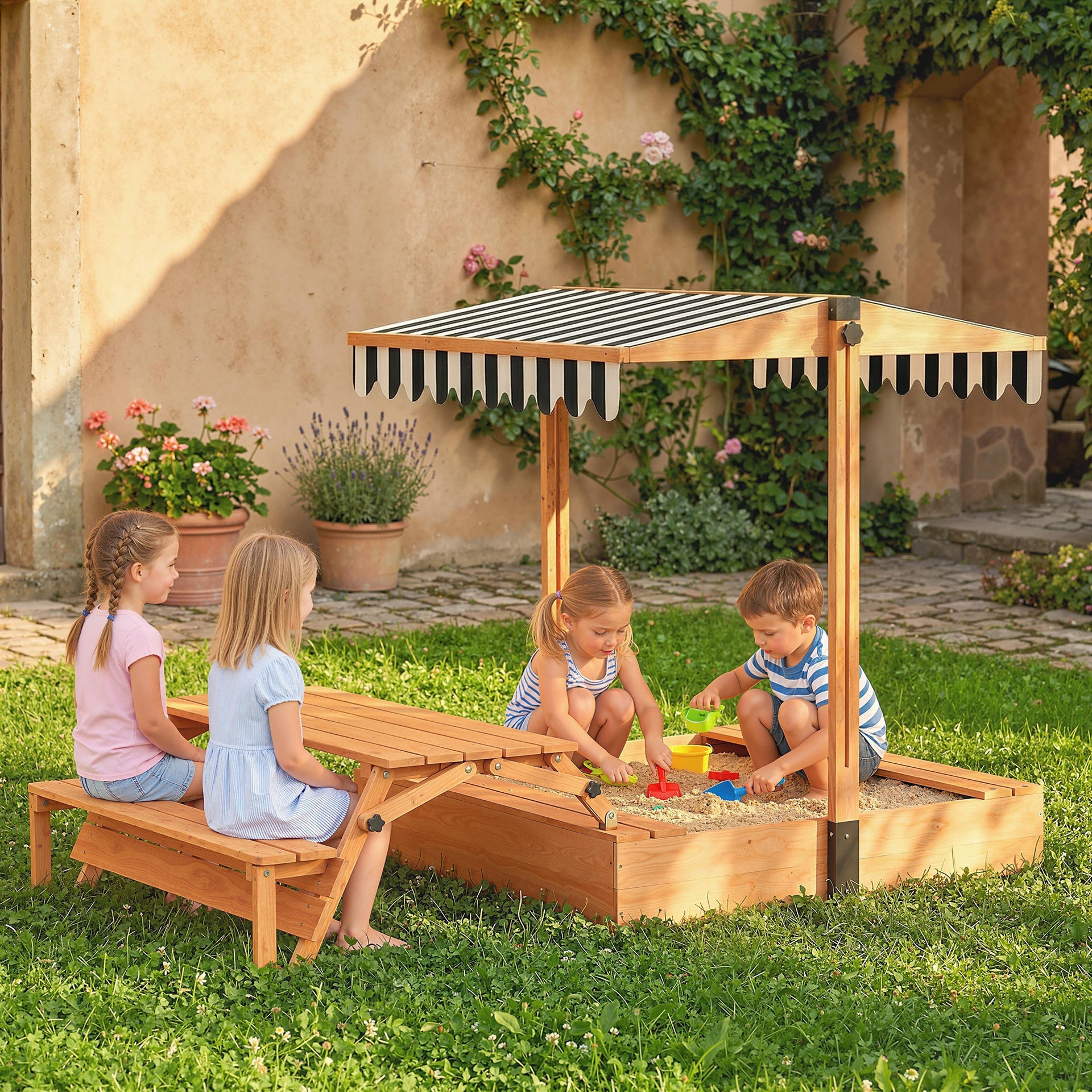 Qaba Kids Sandbox with Lid, Wooden Sand Pit with Canopy, Foldable Picnic Table, Bench Seats, Bottom Liner, Cover, Brown