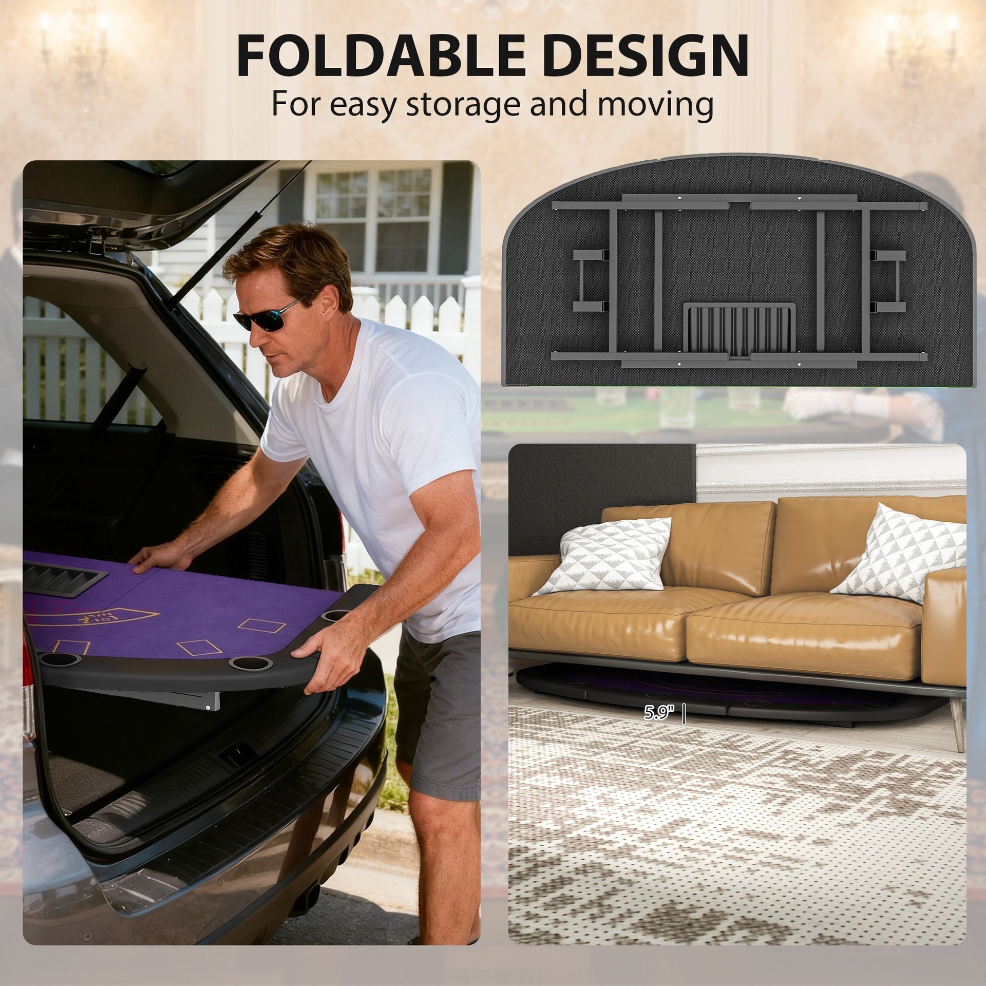 Soozier Poker Table Foldable, 72" Portable Casino Blackjack Table for 8 Players with Felt Surface, Cup Holders, Dark Blue
