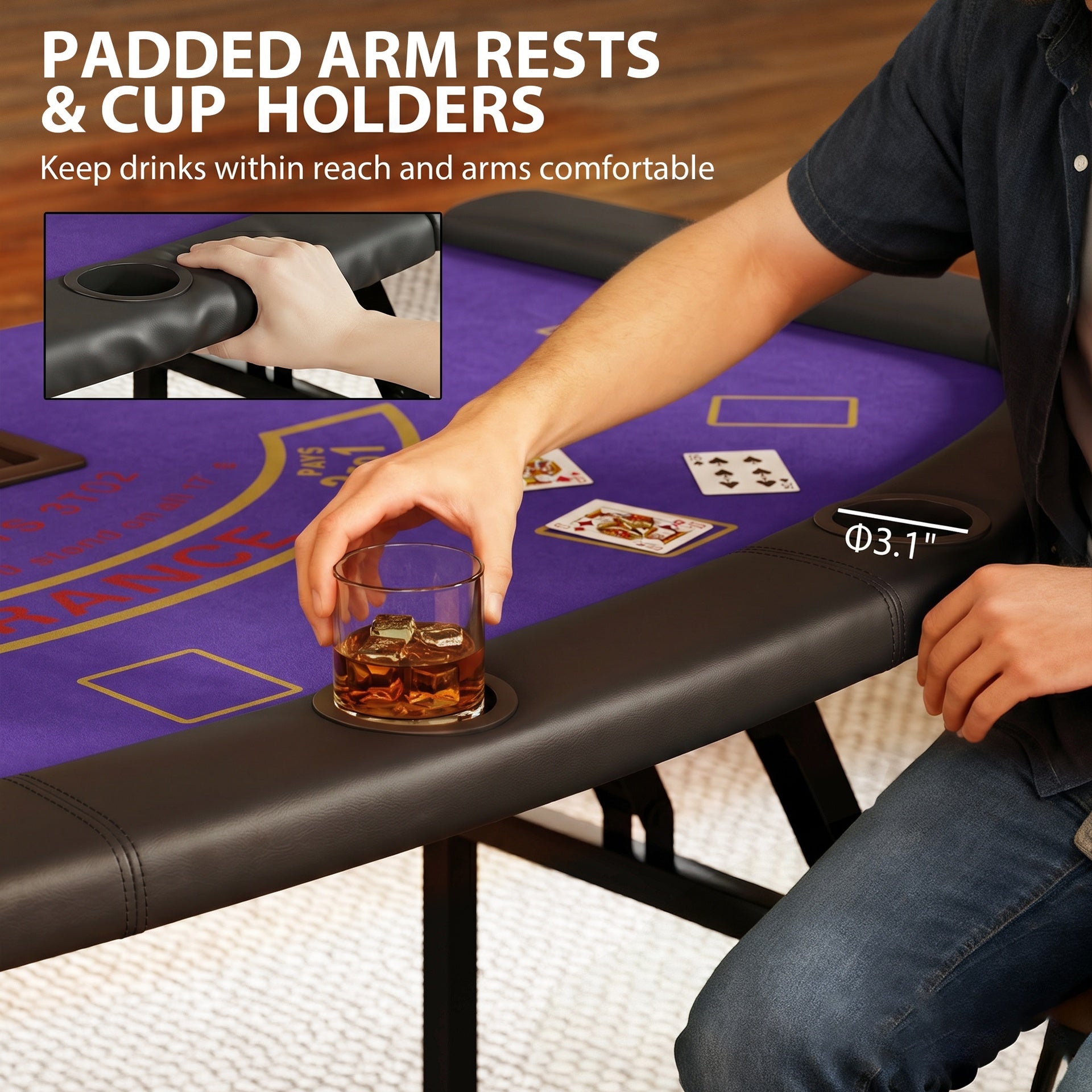 Soozier Poker Table Foldable, 72" Portable Casino Blackjack Table for 8 Players with Felt Surface, Cup Holders, Dark Blue