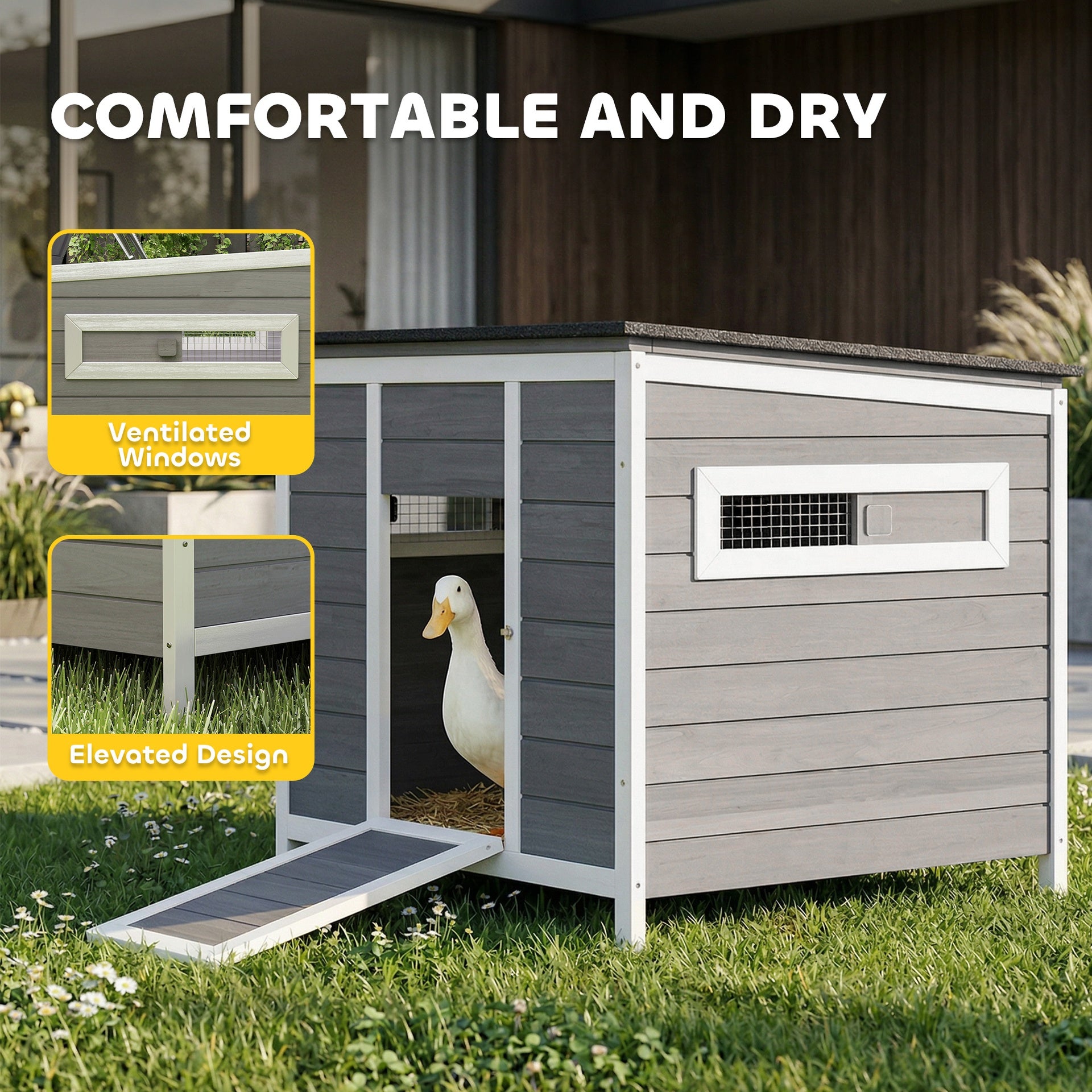 PawHut Duck Coop, Wooden Duck House Rabbit Hutch with Openable Roof, Removable Base, Elevated Legs, Ramp, Ventilated Windows