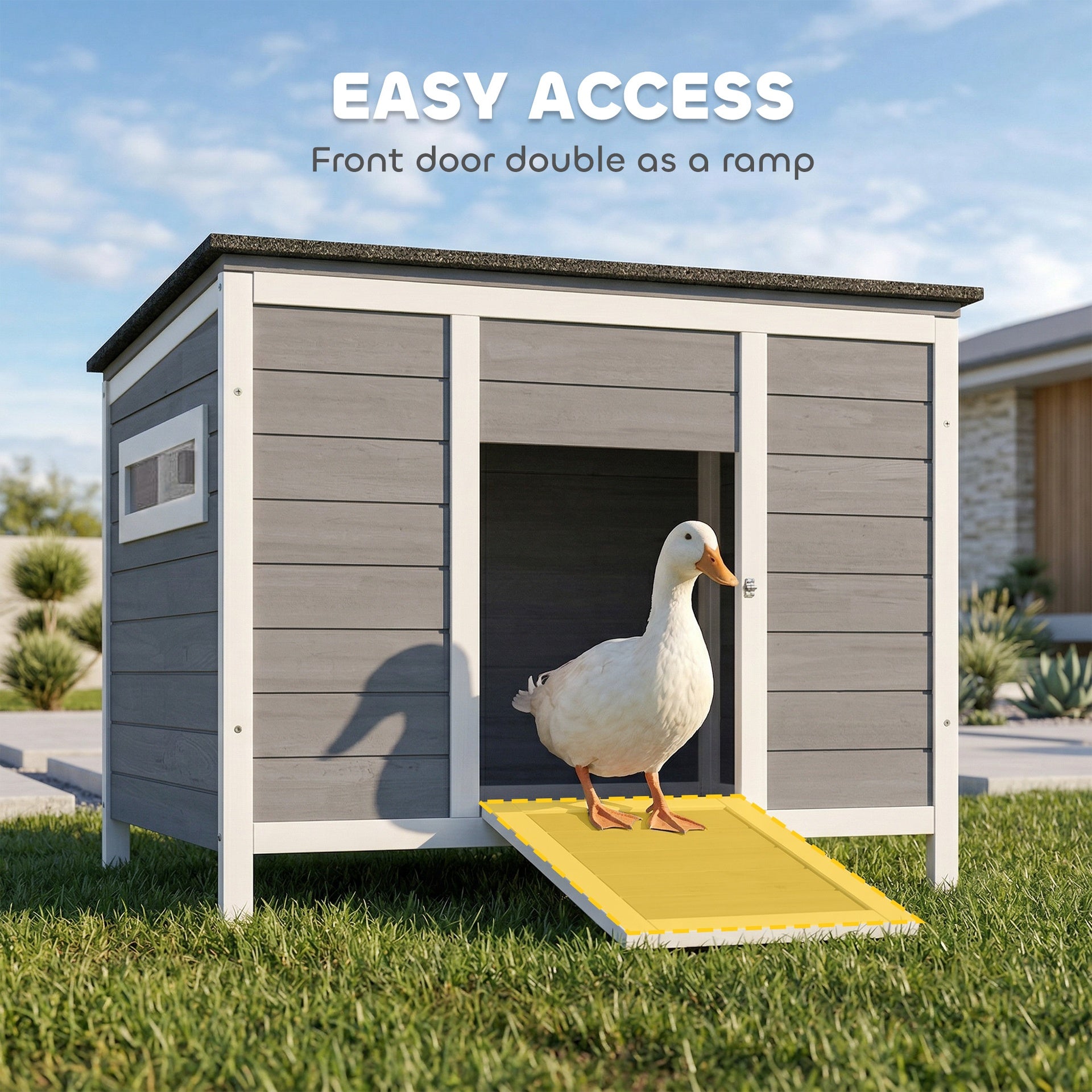 PawHut Duck Coop, Wooden Duck House Rabbit Hutch with Openable Roof, Removable Base, Elevated Legs, Ramp, Ventilated Windows