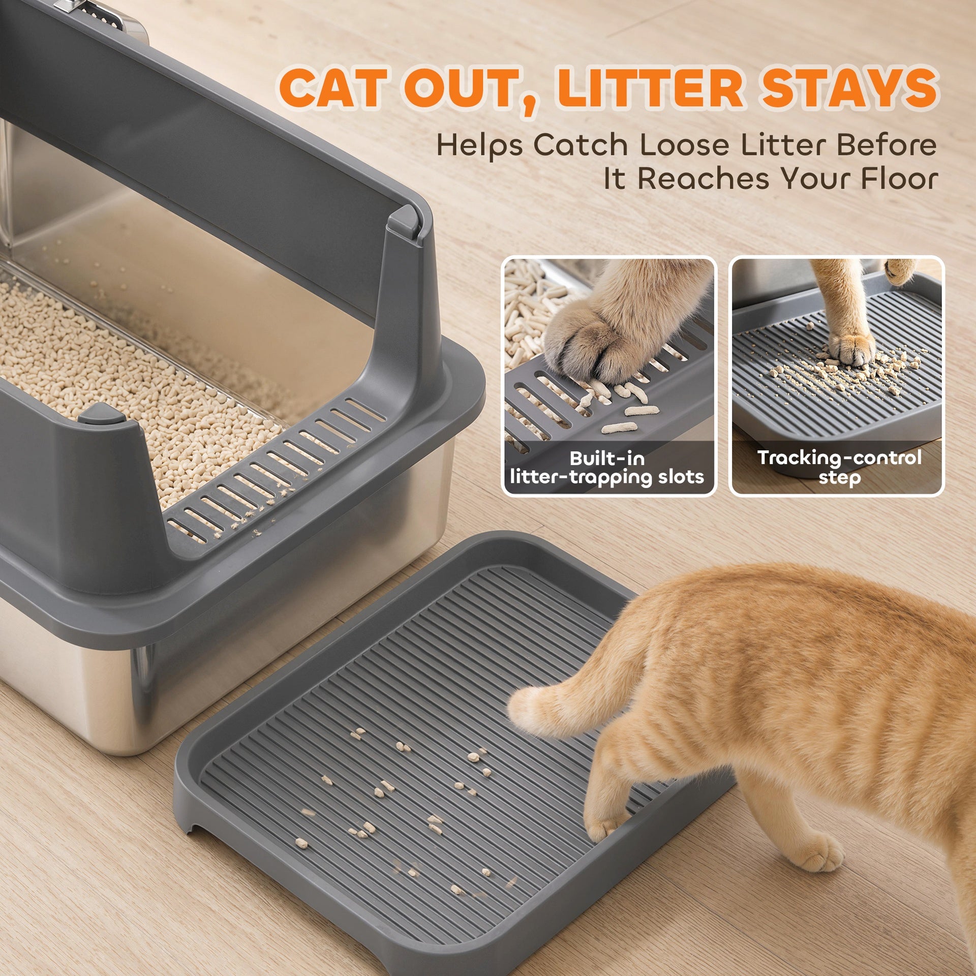 PawHut 2 Pack XL Stainless Steel Litter Box, Metal Cat Litter Box High Sided with Tracking Step & Stainless Steel Scoops