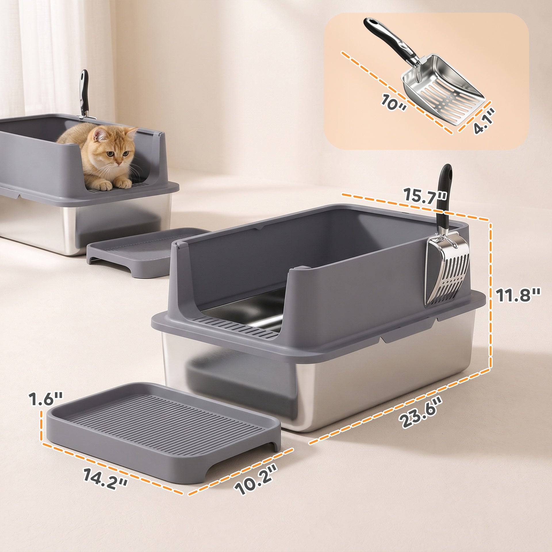 PawHut 2 Pack XL Stainless Steel Litter Box, Metal Cat Litter Box High Sided with Tracking Step & Stainless Steel Scoops