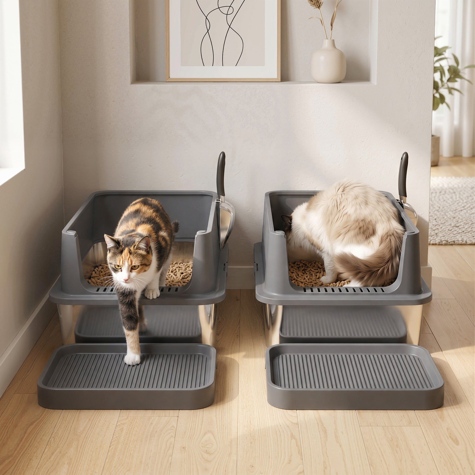 PawHut 2 Pack XL Stainless Steel Litter Box, Metal Cat Litter Box High Sided with Tracking Step & Stainless Steel Scoops