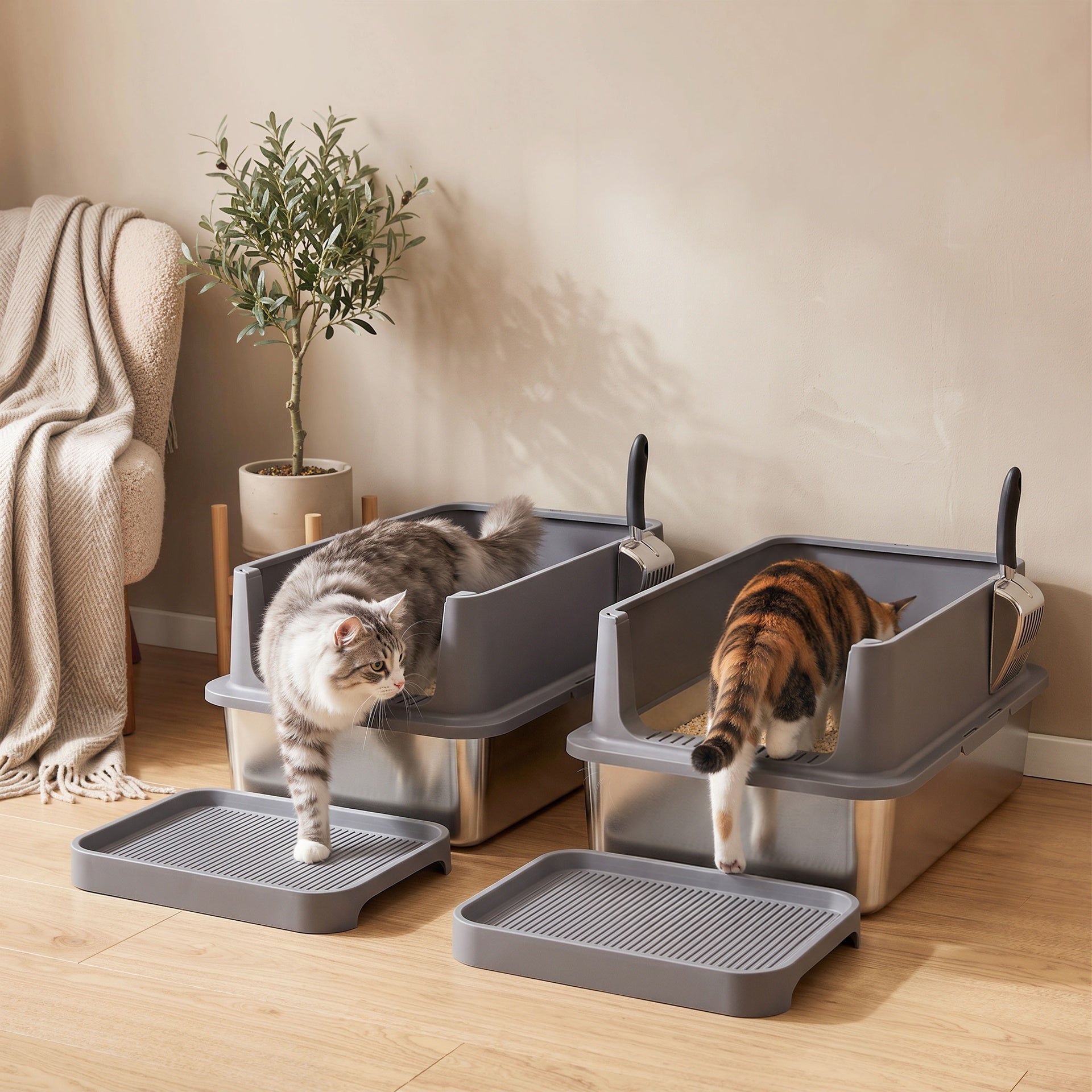 PawHut 2 Pack XL Stainless Steel Litter Box, Metal Cat Litter Box High Sided with Tracking Step & Stainless Steel Scoops