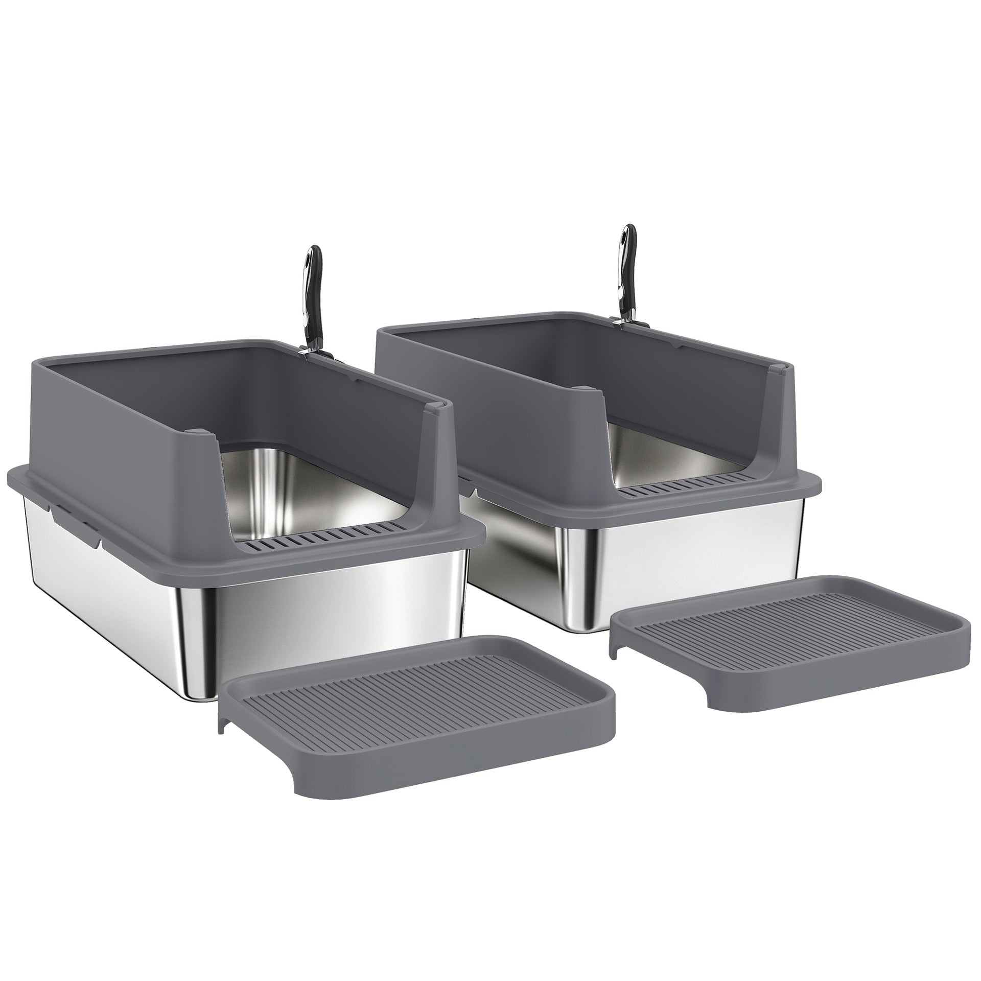 PawHut 2 Pack XL Stainless Steel Litter Box, Metal Cat Litter Box High Sided with Tracking Step & Stainless Steel Scoops