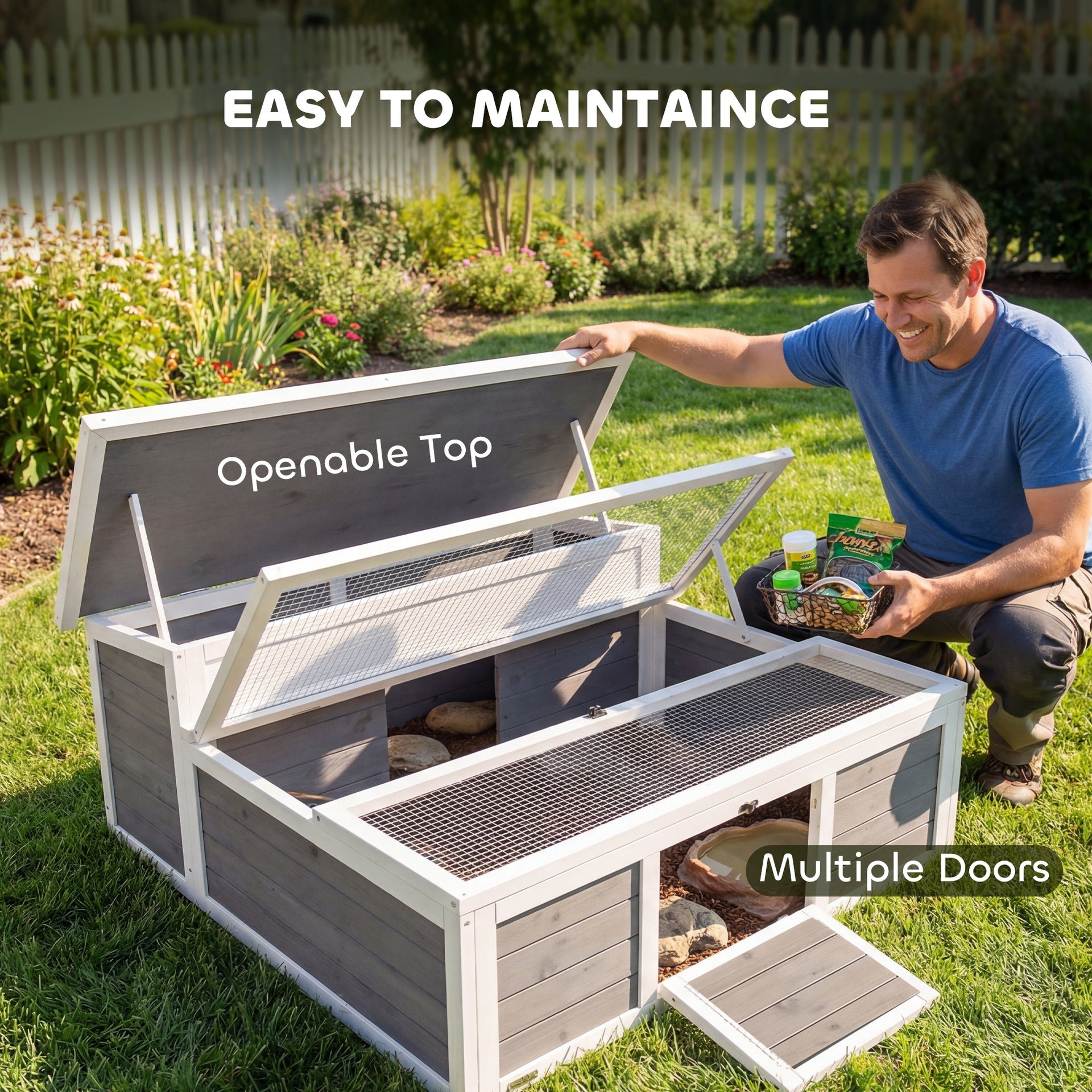 PawHut Tortoise Habitat Openable Top Wooden Tortoise Enclosure Run Area and Clear Window Dark Gray