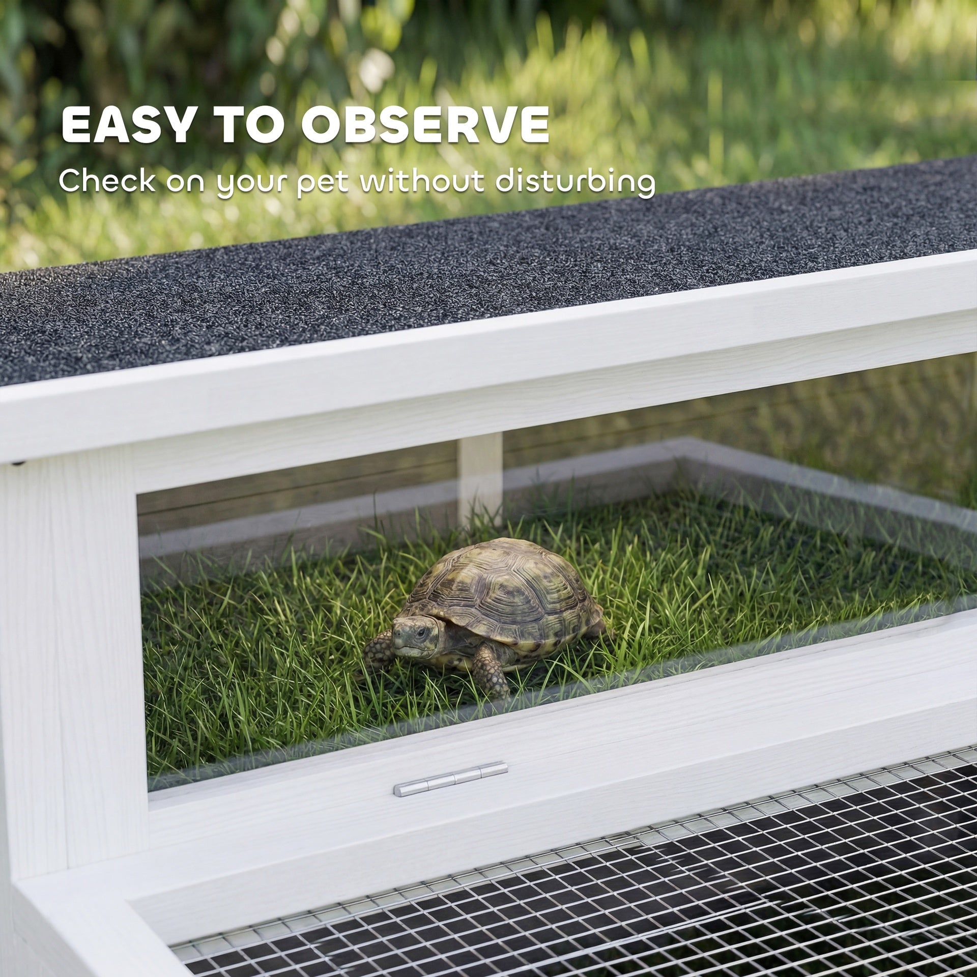 PawHut Tortoise Habitat Openable Top Wooden Tortoise Enclosure Run Area and Clear Window Dark Gray