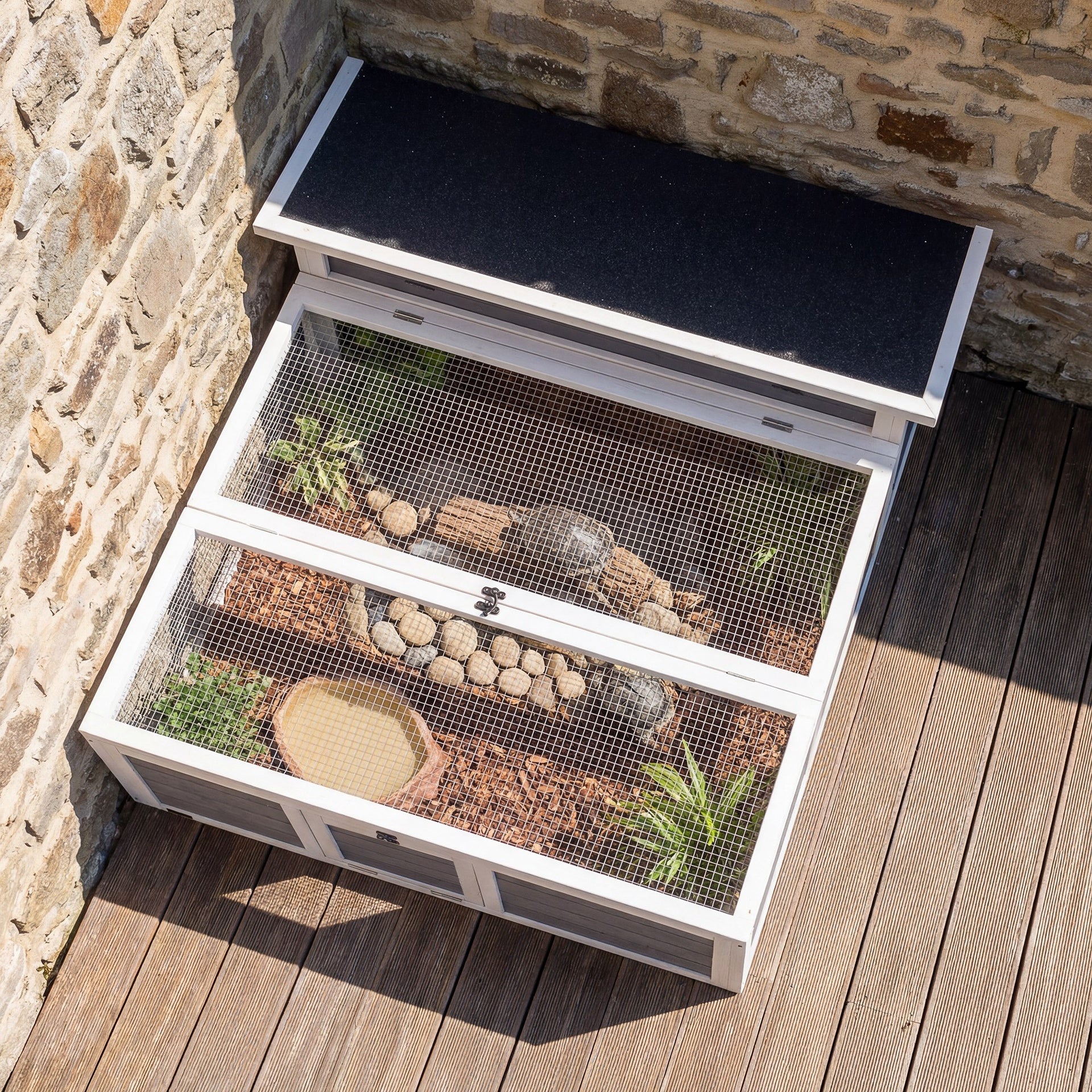 PawHut Tortoise Habitat Openable Top Wooden Tortoise Enclosure Run Area and Clear Window Dark Gray