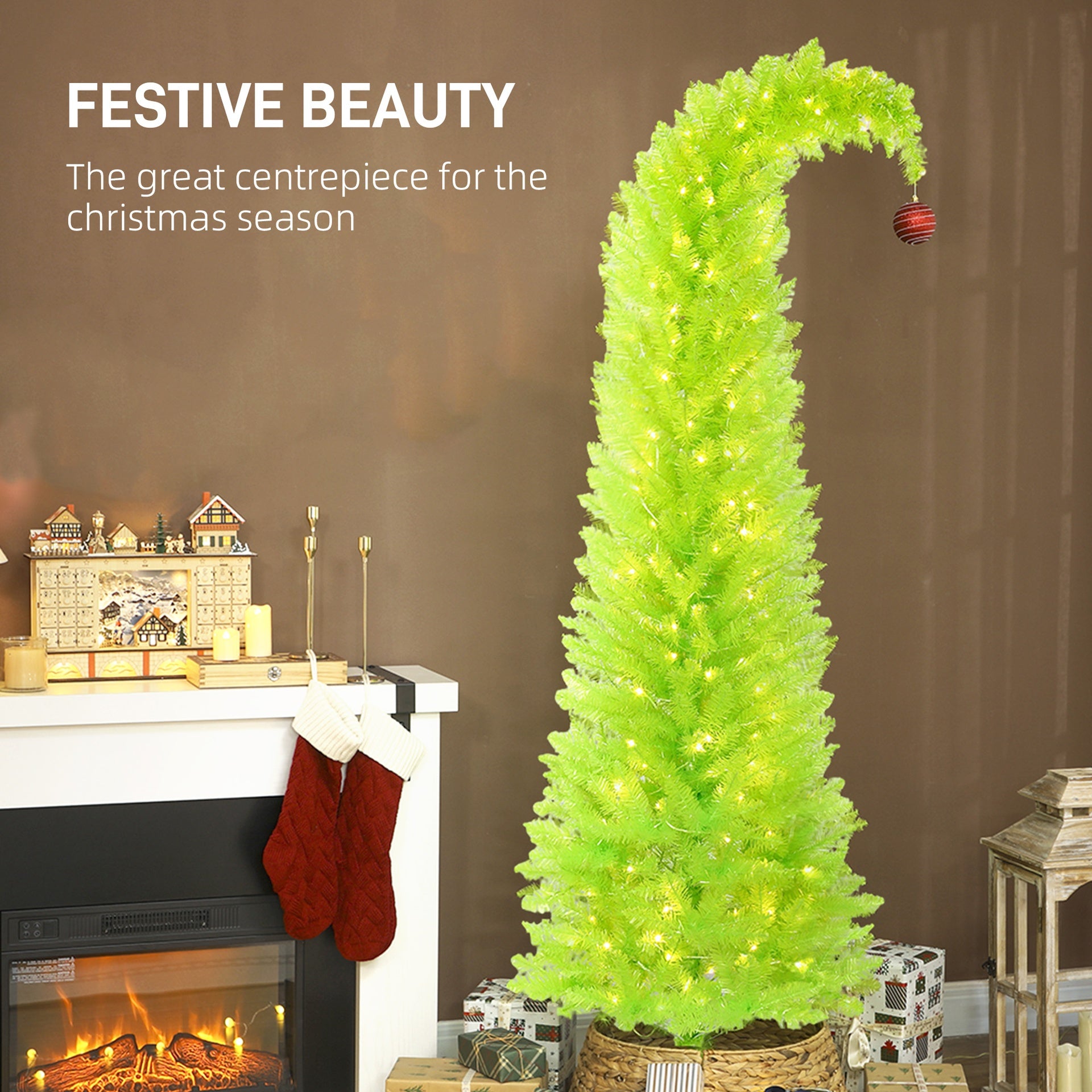HOMCOM 7 ft Whimsical Christmas Tree, Pencil Xmas Tree with Red Ball, Metal Base, Prelit with 250 LED Lights