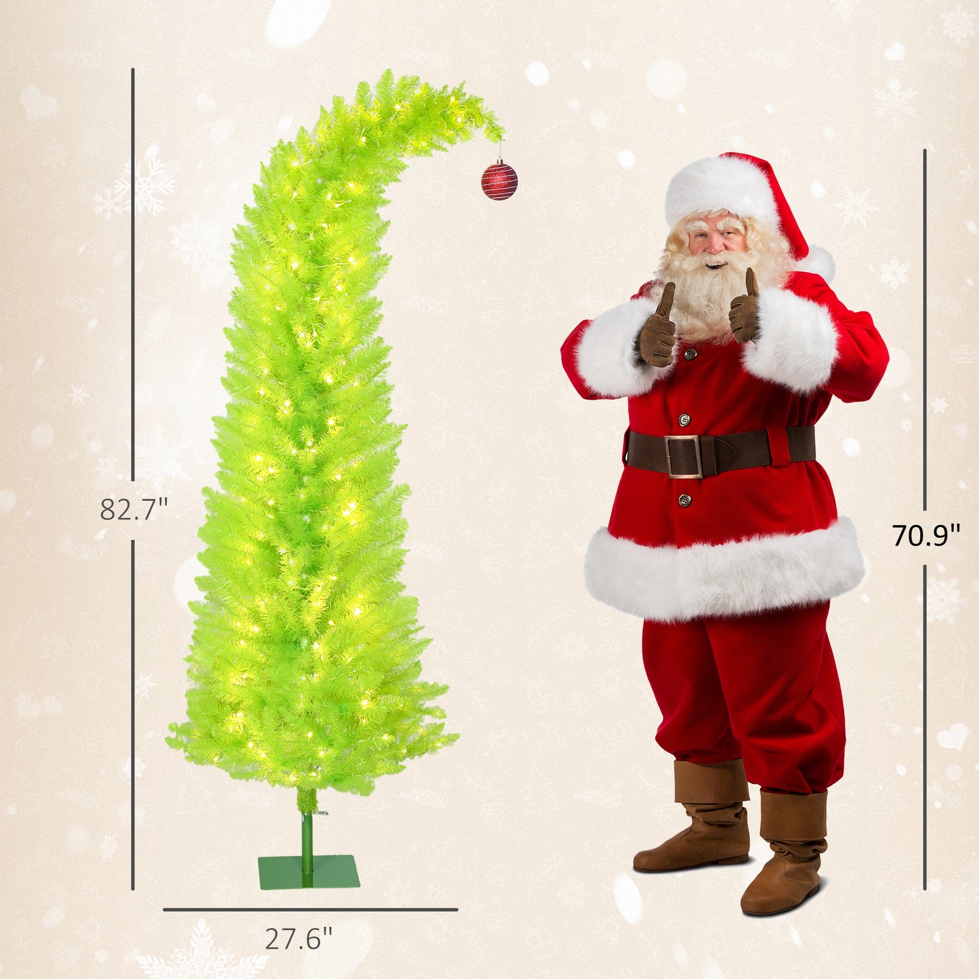 HOMCOM 7 ft Whimsical Christmas Tree, Pencil Xmas Tree with Red Ball, Metal Base, Prelit with 250 LED Lights