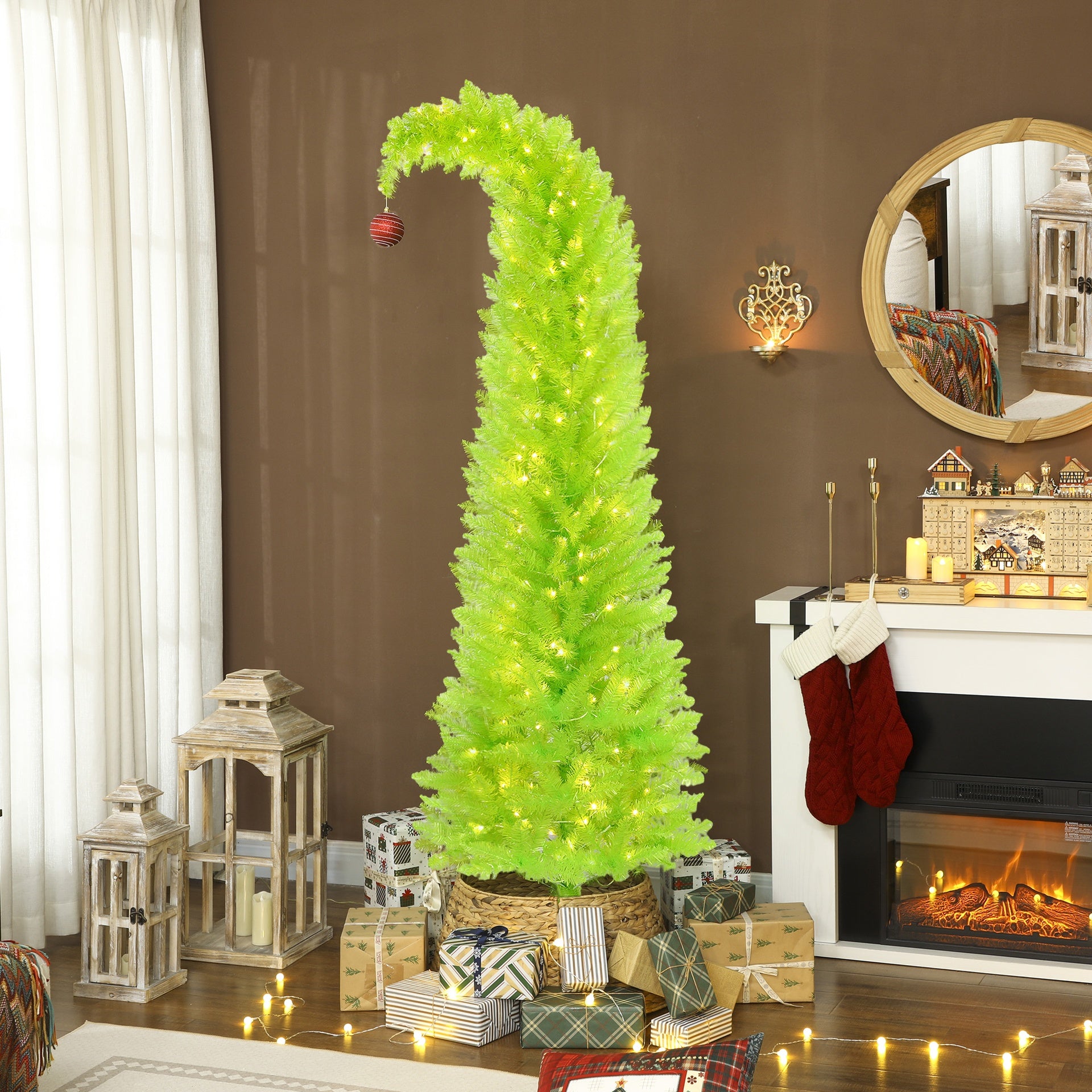HOMCOM 7 ft Whimsical Christmas Tree, Pencil Xmas Tree with Red Ball, Metal Base, Prelit with 250 LED Lights