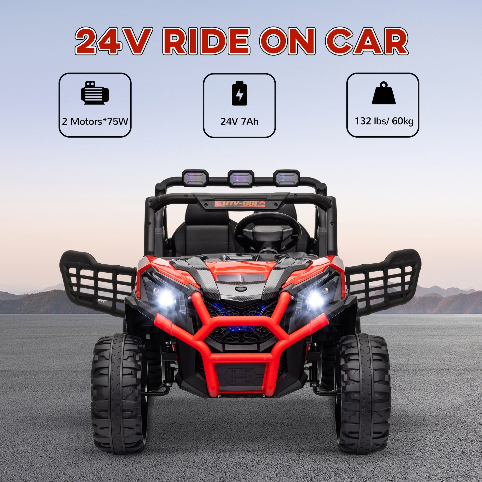 Qaba 2 Seater 24V Kids Electric Car w/ Remote Control, 3 Speed, LED Lights, Music, Horn, Spring Suspension, Slow Start, Red