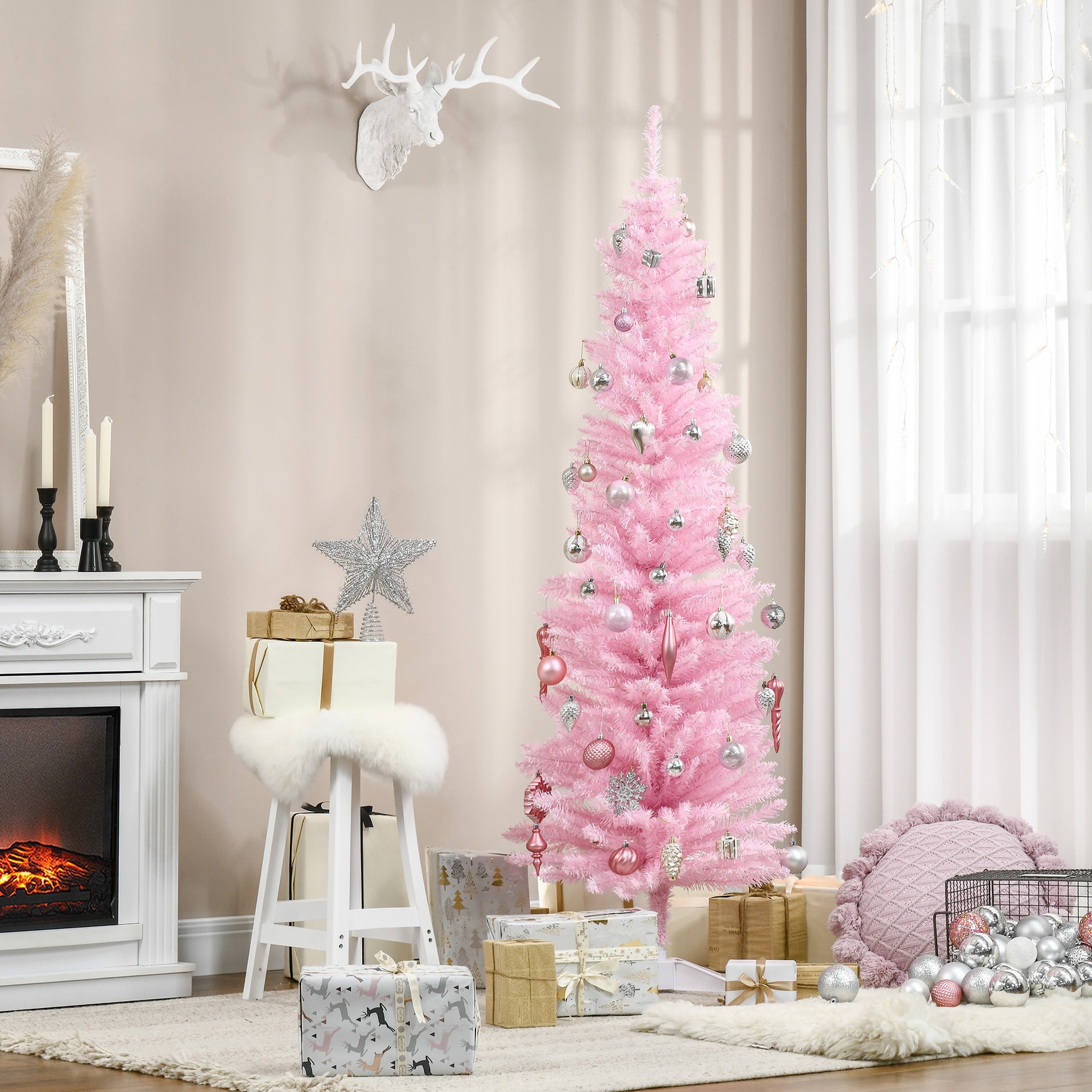 HOMCOM 6' Artificial Pencil Christmas Tree, Slim Xmas Tree with 390 Realistic Branch Tips and Plastic Stand, Pink