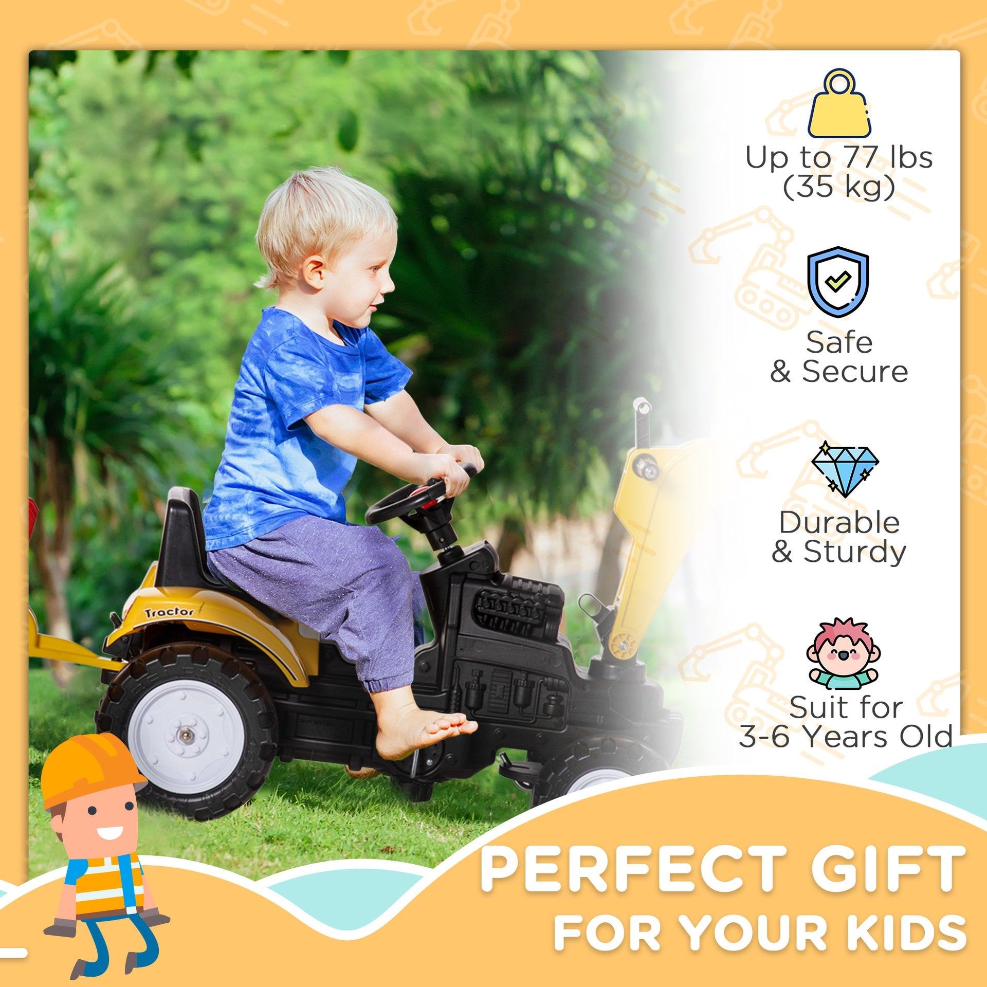 Aosom Digger Ride-on Truck Kids Car with Horn, Excavator Ride-on Toy, Imaginative Toy Construction Car, 6 Wheels & Detachable Trailer, Yellow