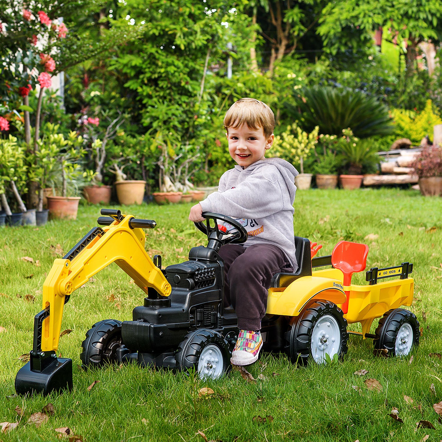Aosom Digger Ride-on Truck Kids Car with Horn, Excavator Ride-on Toy, Imaginative Toy Construction Car, 6 Wheels & Detachable Trailer, Yellow