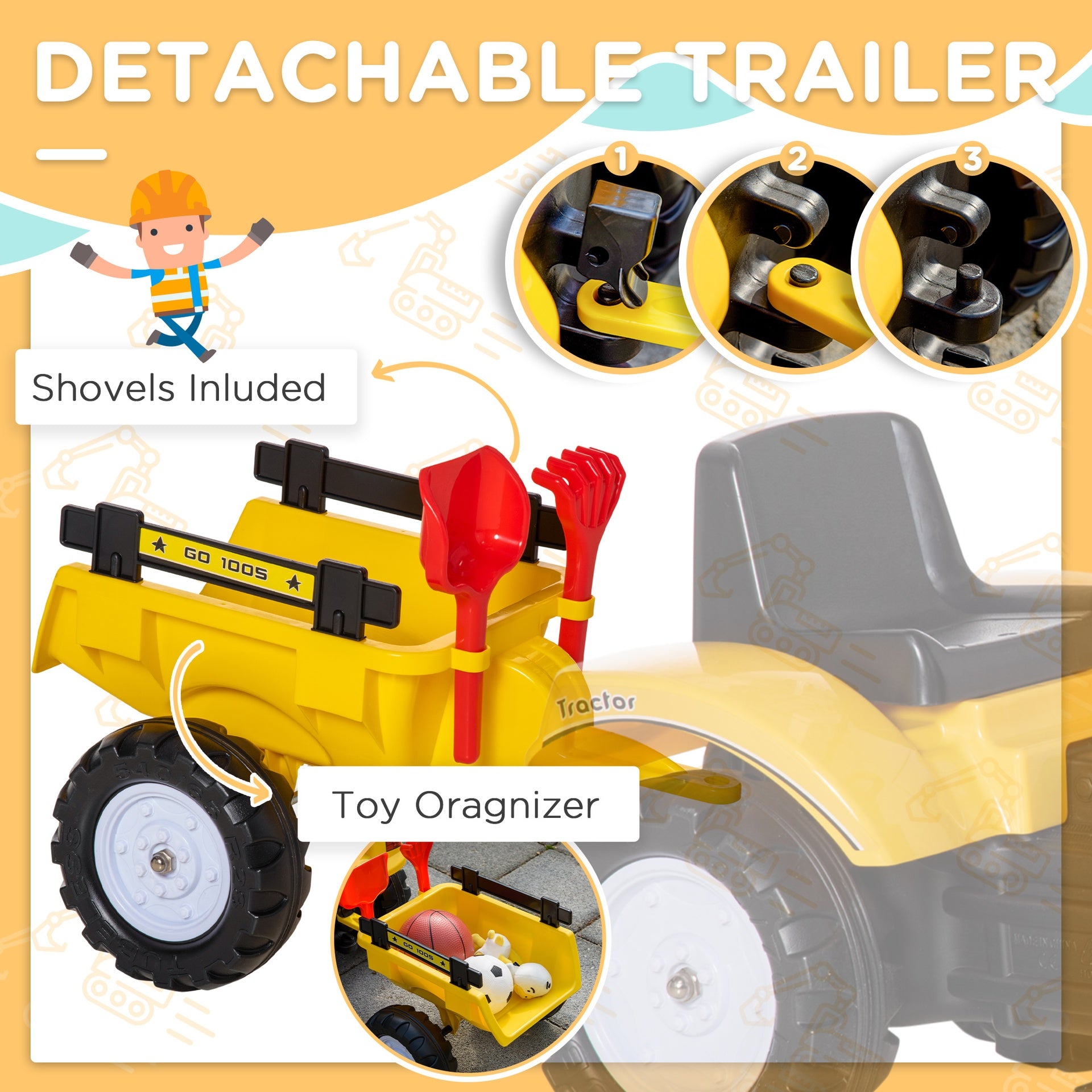 Aosom Digger Ride-on Truck Kids Car with Horn, Excavator Ride-on Toy, Imaginative Toy Construction Car, 6 Wheels & Detachable Trailer, Yellow