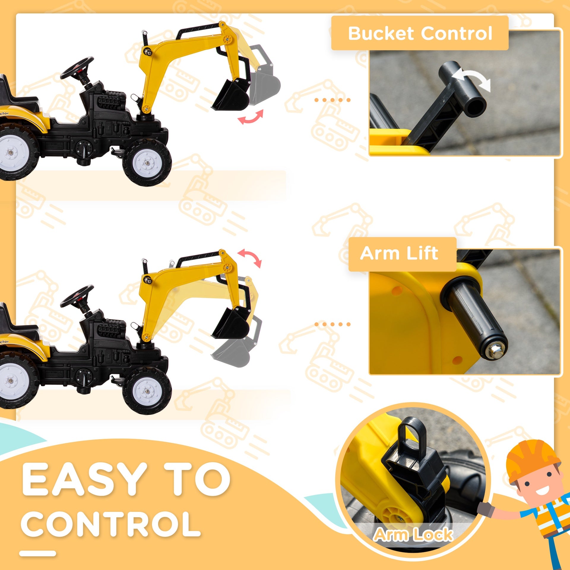 Aosom Digger Ride-on Truck Kids Car with Horn, Excavator Ride-on Toy, Imaginative Toy Construction Car, 6 Wheels & Detachable Trailer, Yellow