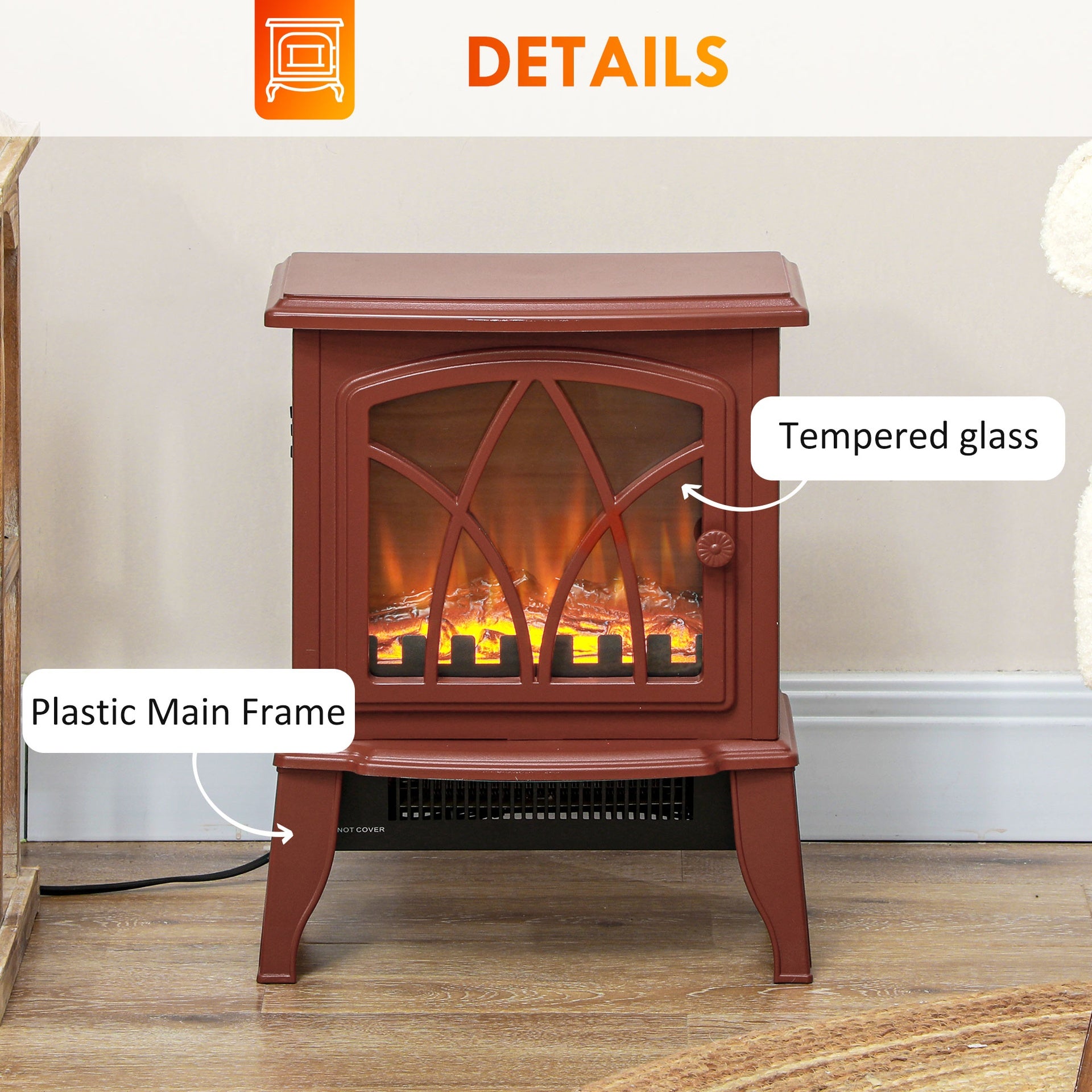 HOMCOM Electric Fireplace Heater, Freestanding Fireplace Stove with Realistic Flames Overheating Protection 750W/1500W, Red
