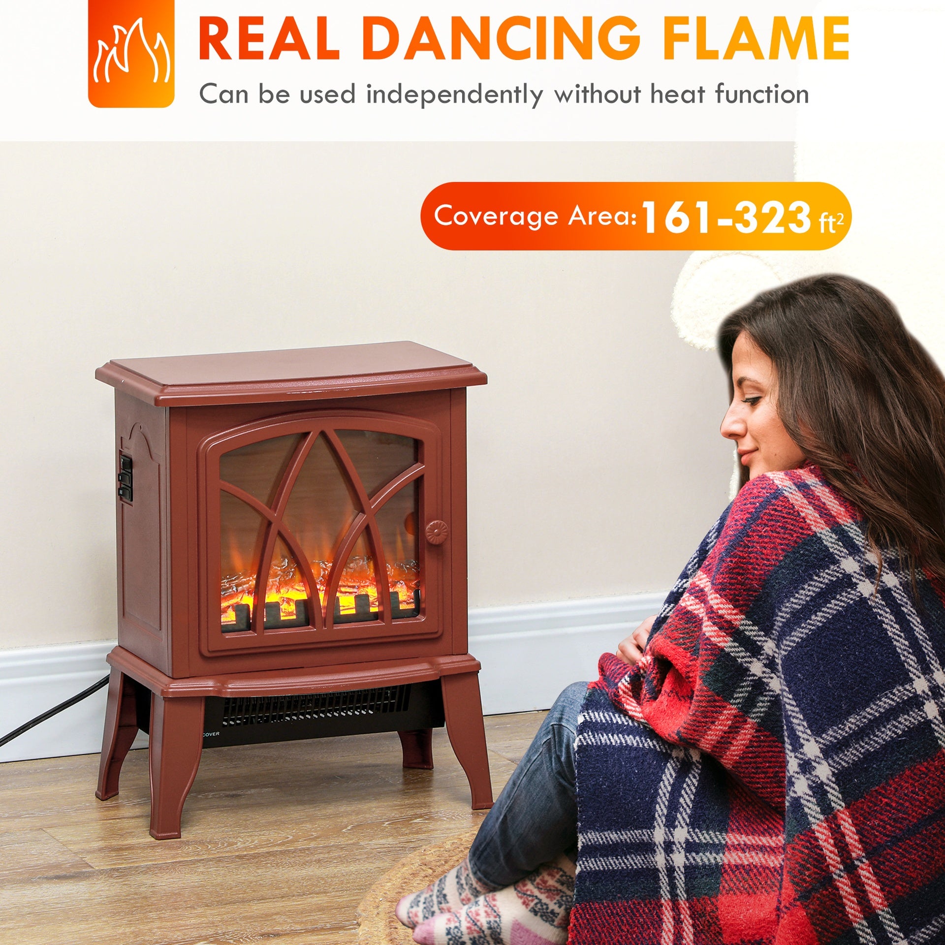 HOMCOM Electric Fireplace Heater, Freestanding Fireplace Stove with Realistic Flames Overheating Protection 750W/1500W, Red