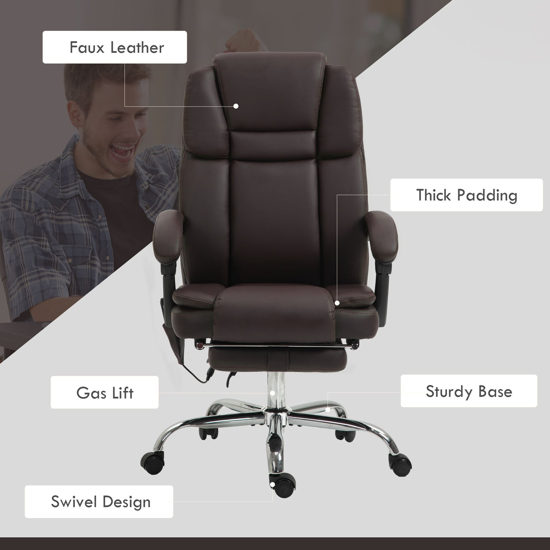 Vinsetto 6 Point Vibration Massage Office Chair, PU Leather Reclining Computer Chair with Adjustable Height, Brwon