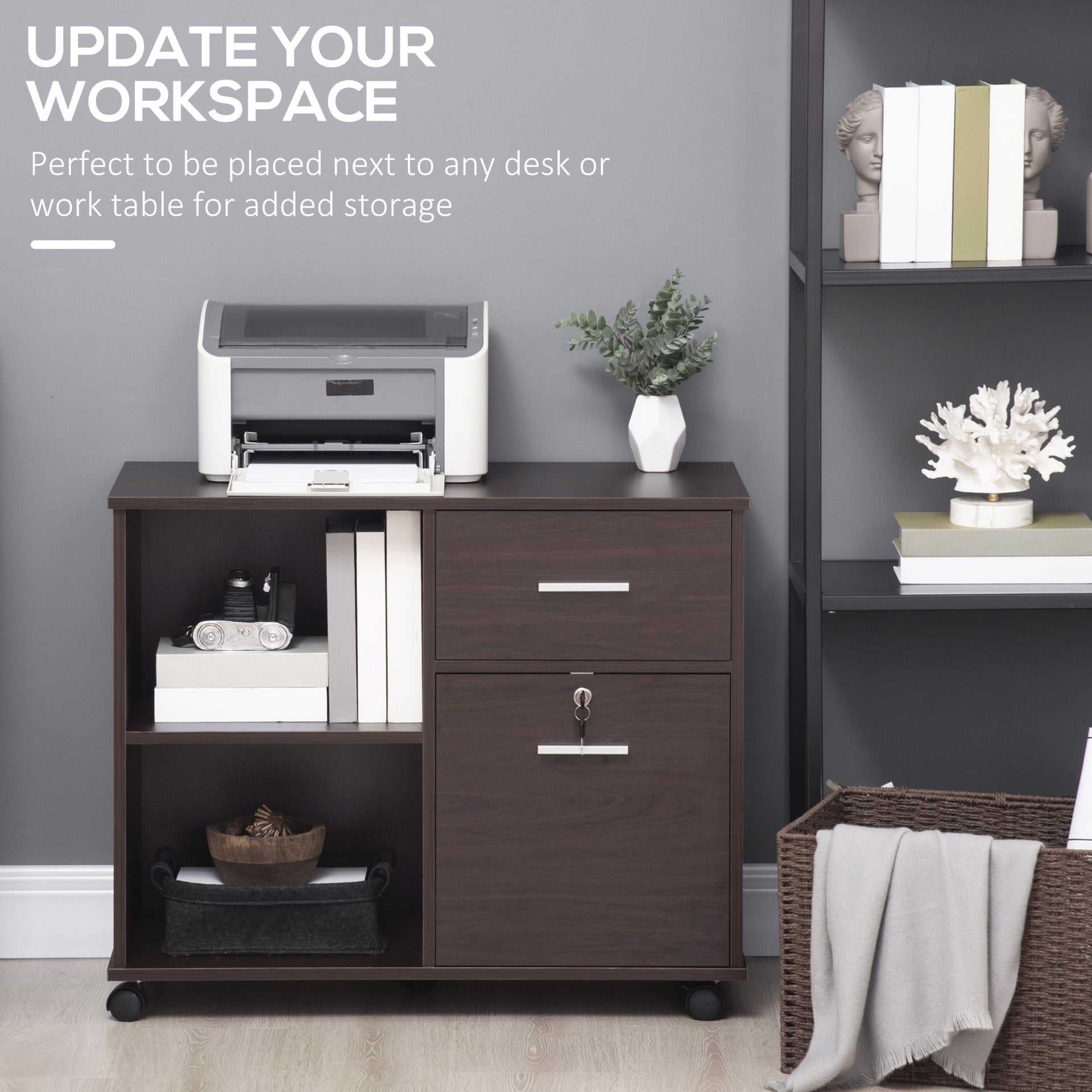 Vinsetto Lateral File Cabinet with Wheels, Mobile Printer Stand with Open Shelves and Drawers for A4 Size Documents, Walnut