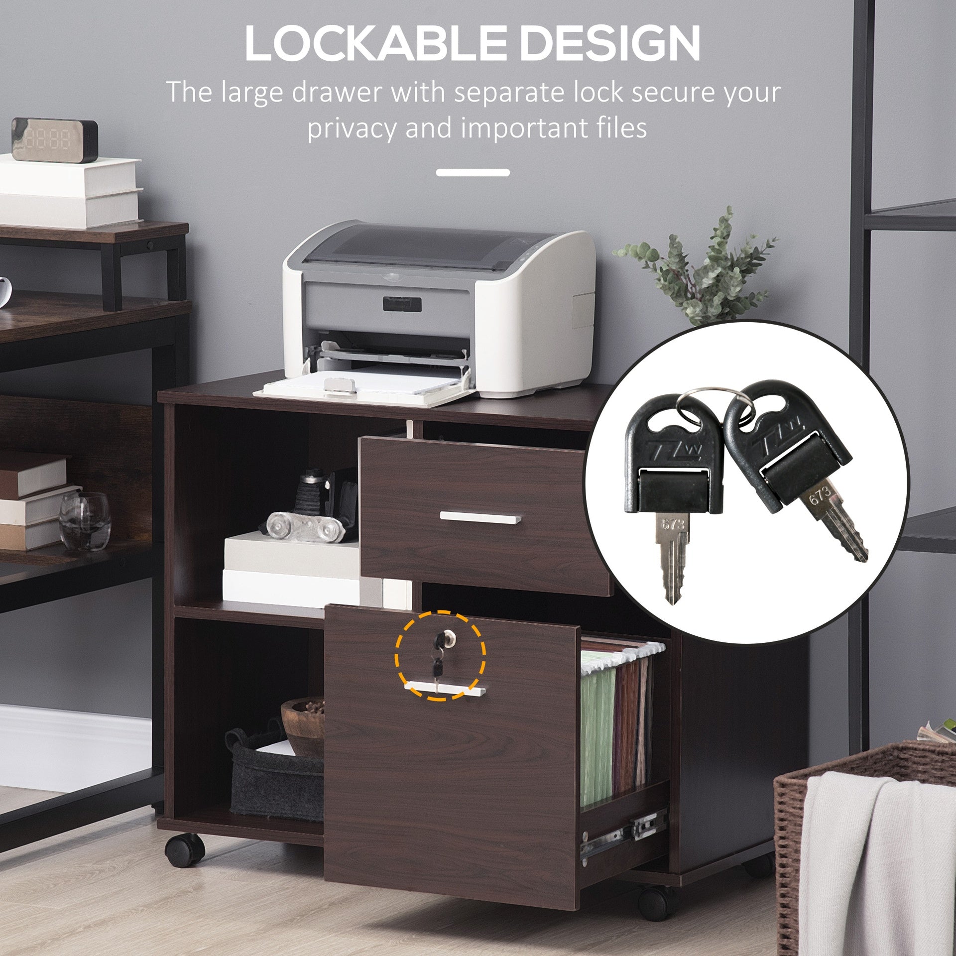 Vinsetto Lateral File Cabinet with Wheels, Mobile Printer Stand with Open Shelves and Drawers for A4 Size Documents, Walnut
