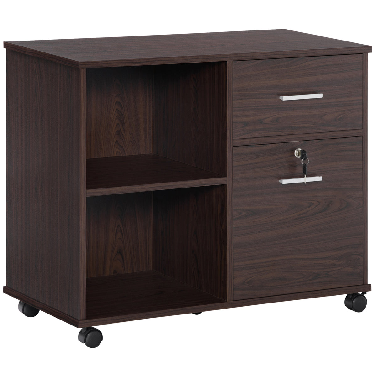 Vinsetto Lateral File Cabinet with Wheels, Mobile Printer Stand with Open Shelves and Drawers for A4 Size Documents, Walnut