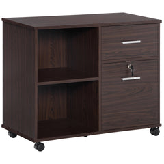 Vinsetto Lateral File Cabinet with Wheels, Mobile Printer Stand with Open Shelves and Drawers for A4 Size Documents, Walnut