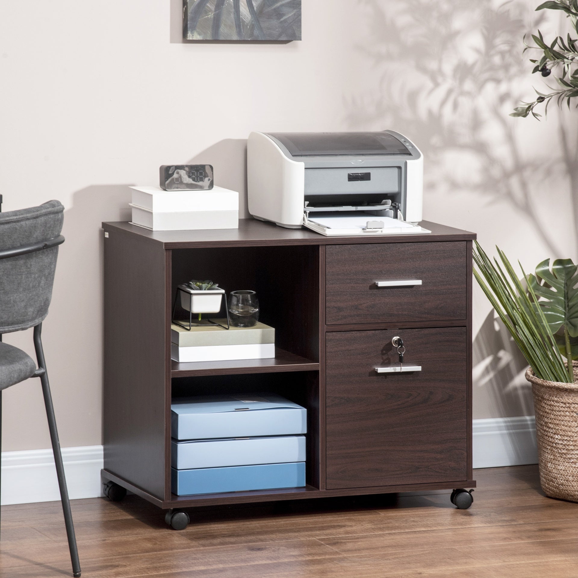 Vinsetto Lateral File Cabinet with Wheels, Mobile Printer Stand with Open Shelves and Drawers for A4 Size Documents, Walnut