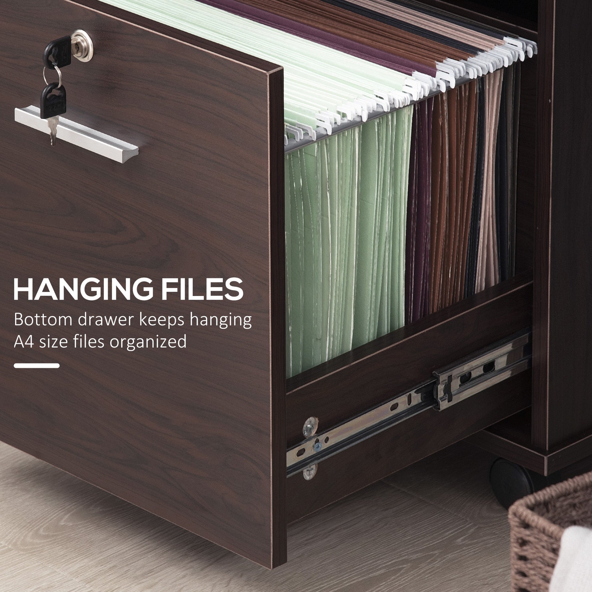 Vinsetto Lateral File Cabinet with Wheels, Mobile Printer Stand with Open Shelves and Drawers for A4 Size Documents, Walnut