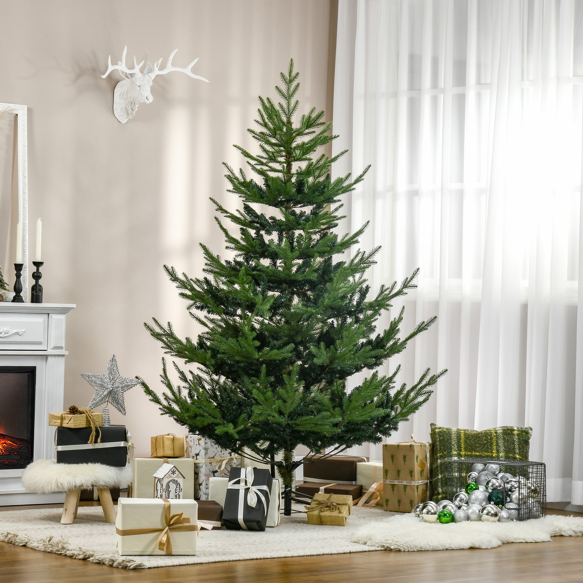 HOMCOM 6 Foot Artificial Christmas Tree, Nordic Pine Hinged Xmas Tree with 795 Realistic Branches, Wide Steel Base, Auto Open, Green