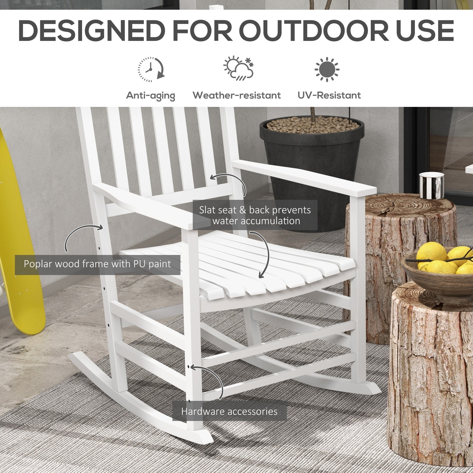Outsunny Wooden Rocking Chair Set, Curved Armrests, High Back, Slatted Seat Outdoor Rocker Set, White