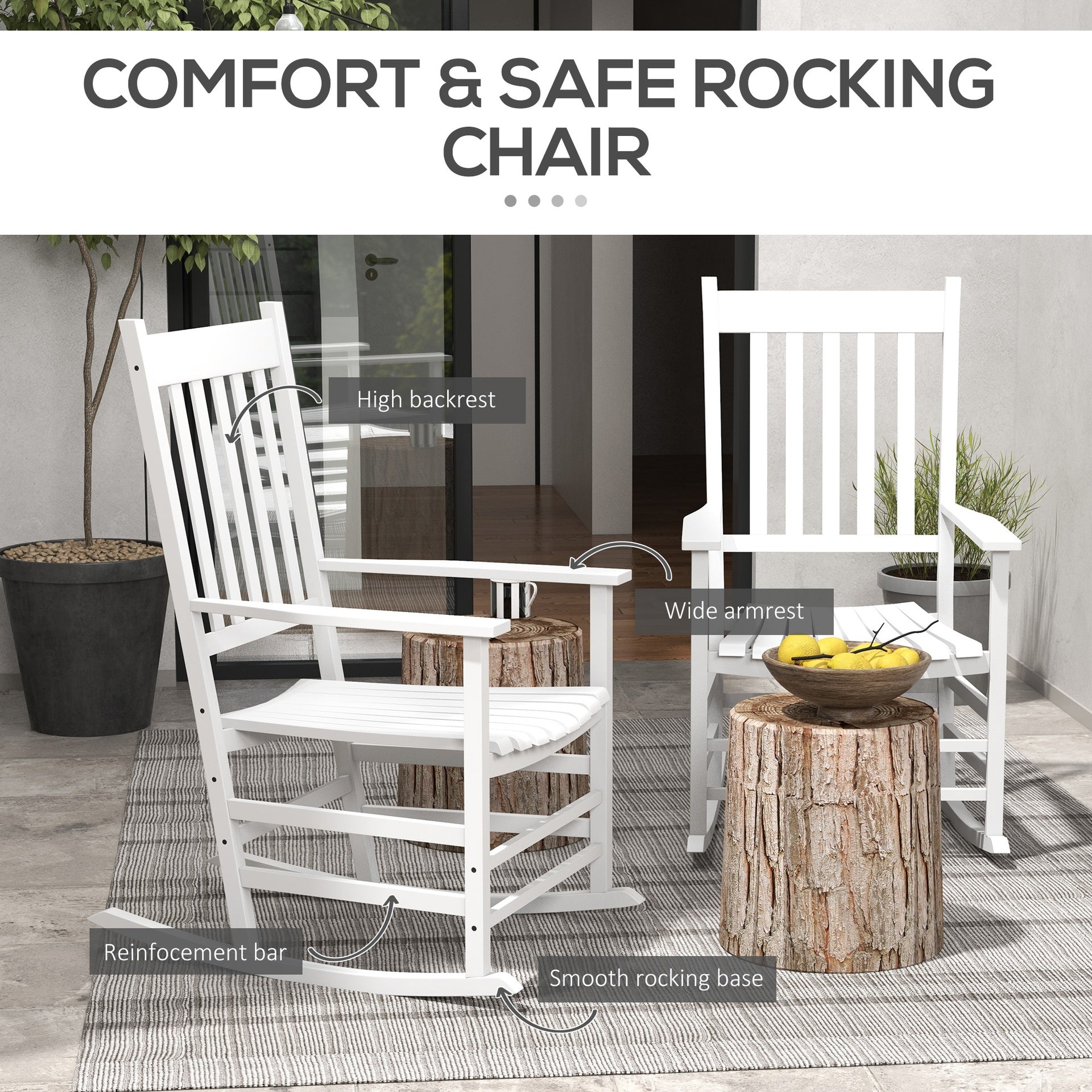 Outsunny Wooden Rocking Chair Set, Curved Armrests, High Back, Slatted Seat Outdoor Rocker Set, White