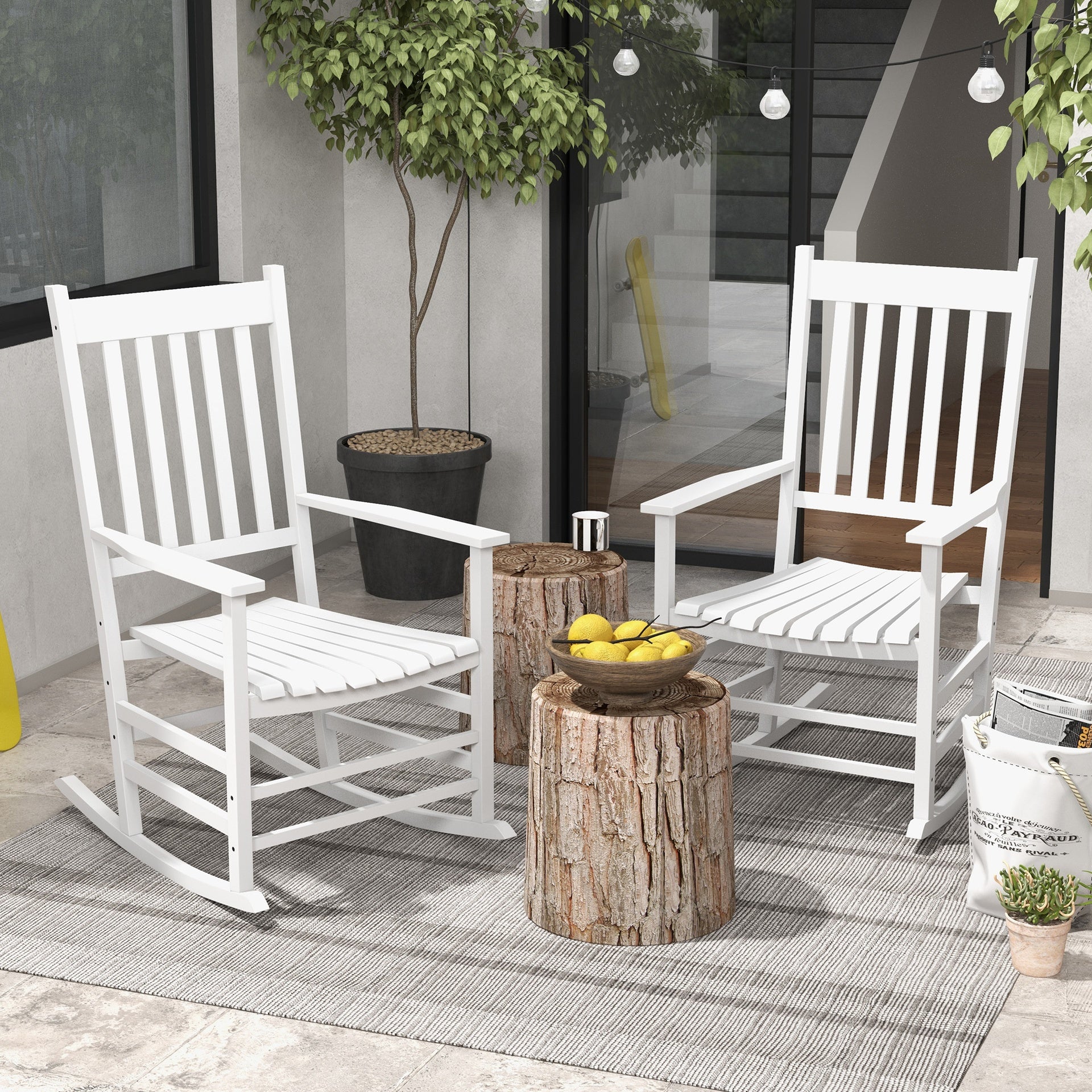 Outsunny Wooden Rocking Chair Set, Curved Armrests, High Back, Slatted Seat Outdoor Rocker Set, White