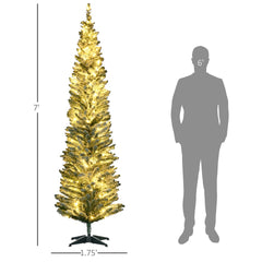 HOMCOM 7ft Pencil Christmas Tree, Slim Artificial Christmas Tree with Realistic Branches and Warm White LED Lights, Green
