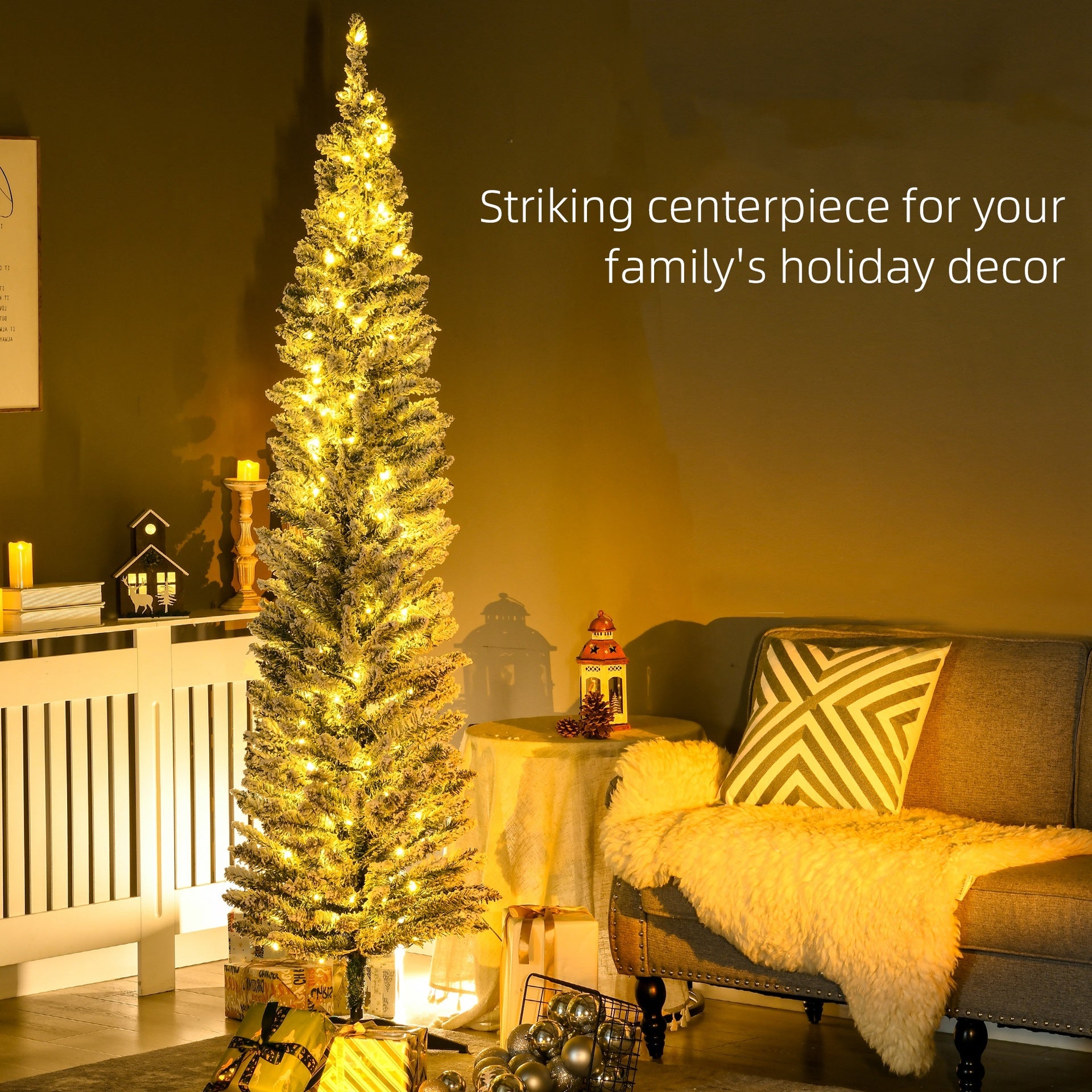HOMCOM 7ft Pencil Christmas Tree, Slim Artificial Christmas Tree with Realistic Branches and Warm White LED Lights, Green