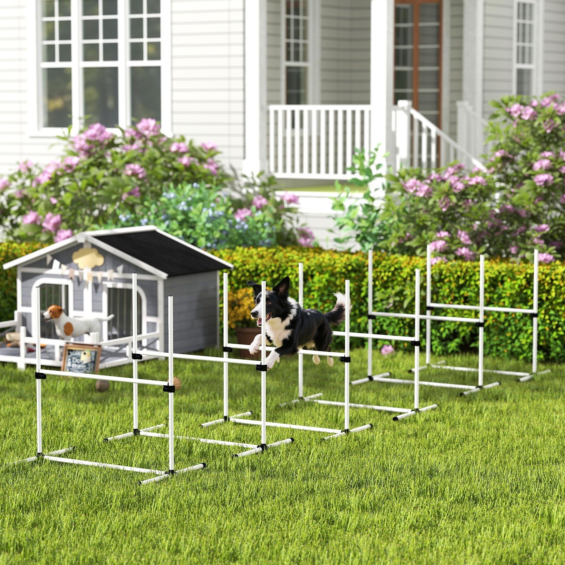 PawHut 6 Piece Dog Agility Set with Adjustable Height Jump Bars, Carry Bag, Displacing Top Bar, White