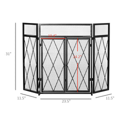 HOMCOM 3-Panel Folding Fireplace Screen for Wood Burning with Double Doors, Home Heavy Duty Steel Fire Spark Guard, 47.25" W x 31" H, Black