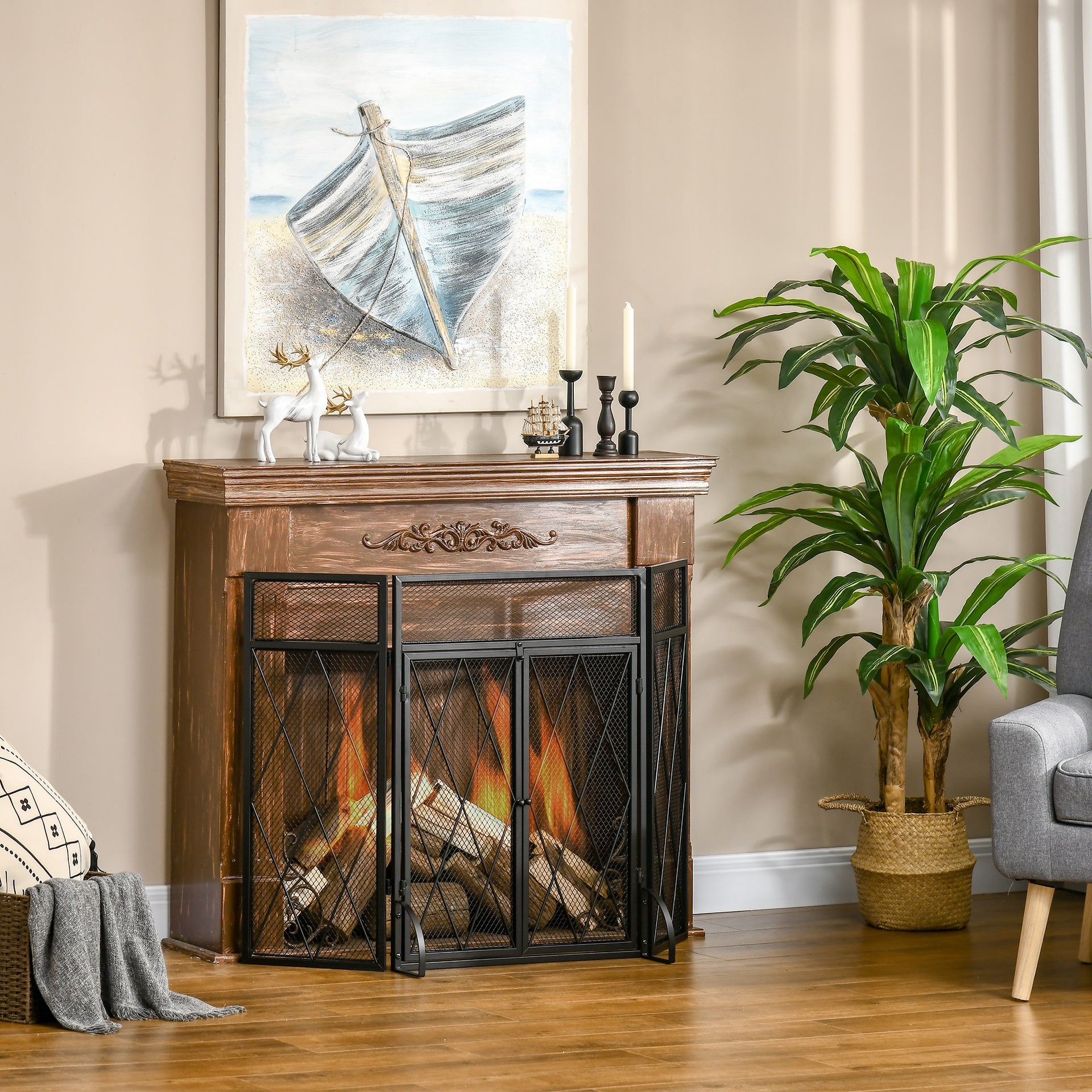 HOMCOM 3-Panel Folding Fireplace Screen for Wood Burning with Double Doors, Home Heavy Duty Steel Fire Spark Guard, 47.25" W x 31" H, Black
