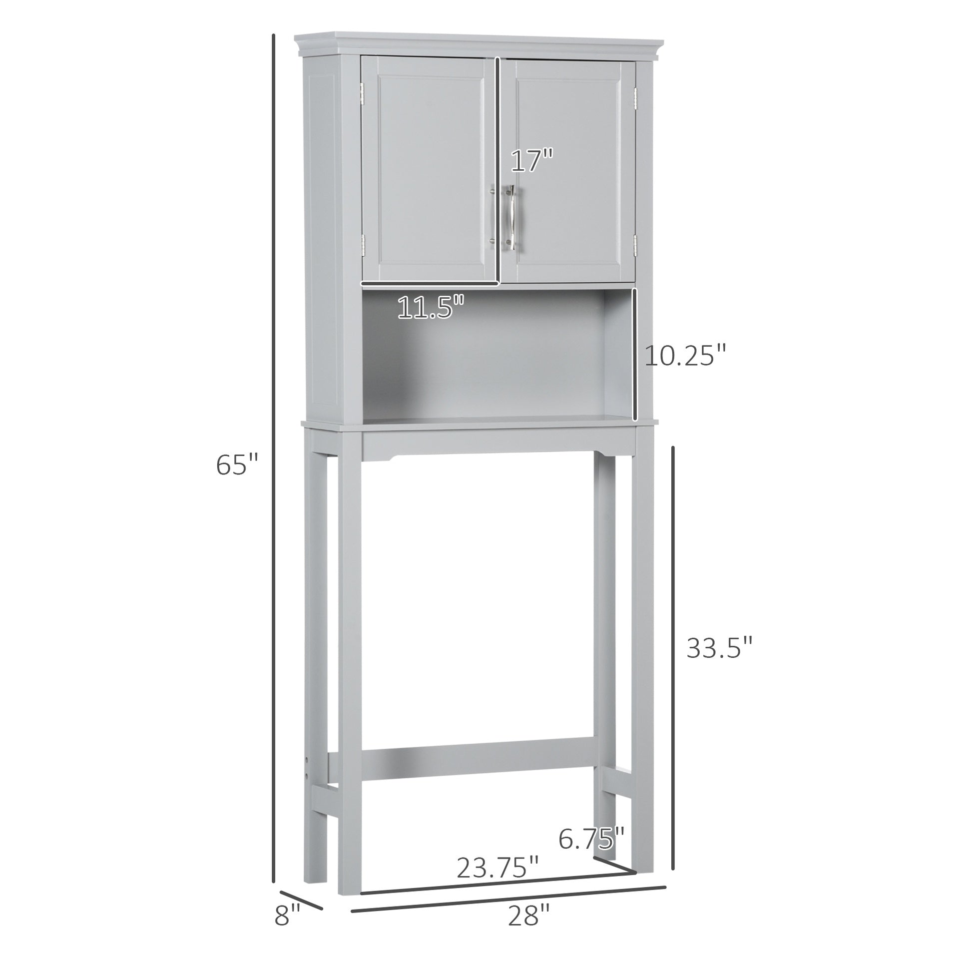 kleankin Modern Over The Toilet Storage Cabinet, Double Door Bathroom Organizer with Inner Adjustable Shelf and Open Shelf, Gray