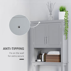 kleankin Modern Over The Toilet Storage Cabinet, Double Door Bathroom Organizer with Inner Adjustable Shelf and Open Shelf, Gray