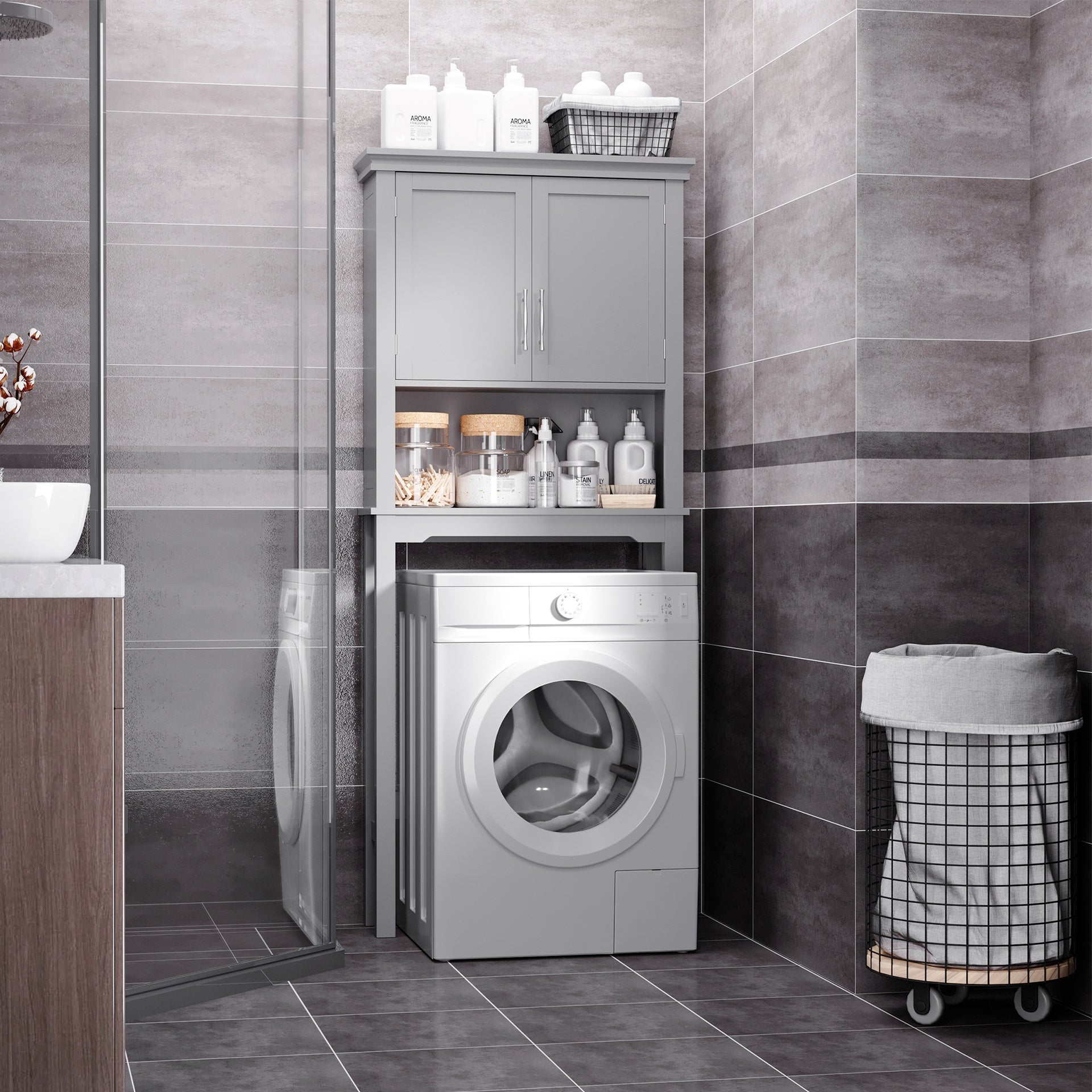 kleankin Modern Over The Toilet Storage Cabinet, Double Door Bathroom Organizer with Inner Adjustable Shelf and Open Shelf, Gray